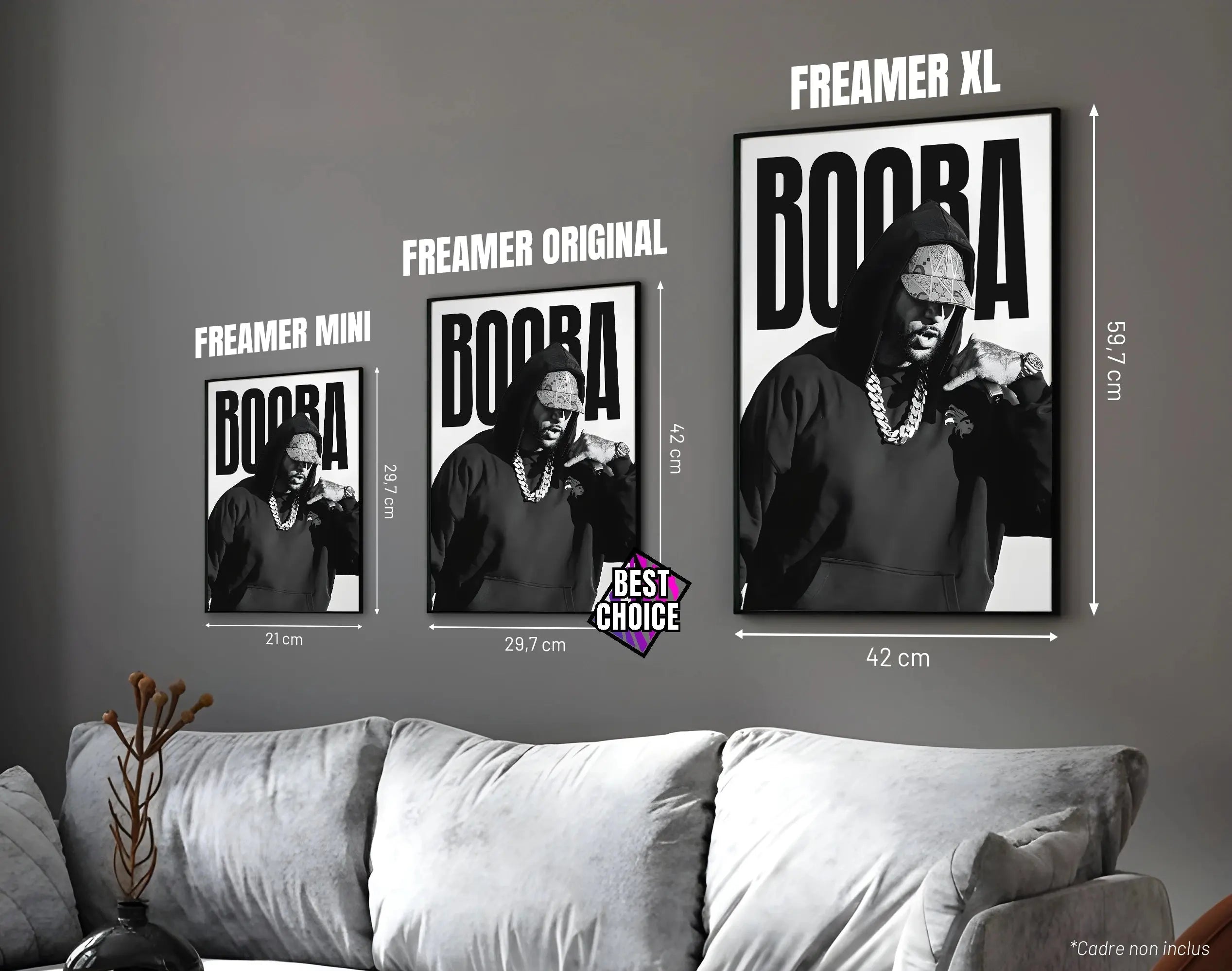 Posters "BOOBA" – ton blanc - formats A4, A3 et A2 dans cadres, comparaison des tailles avec dimensions
