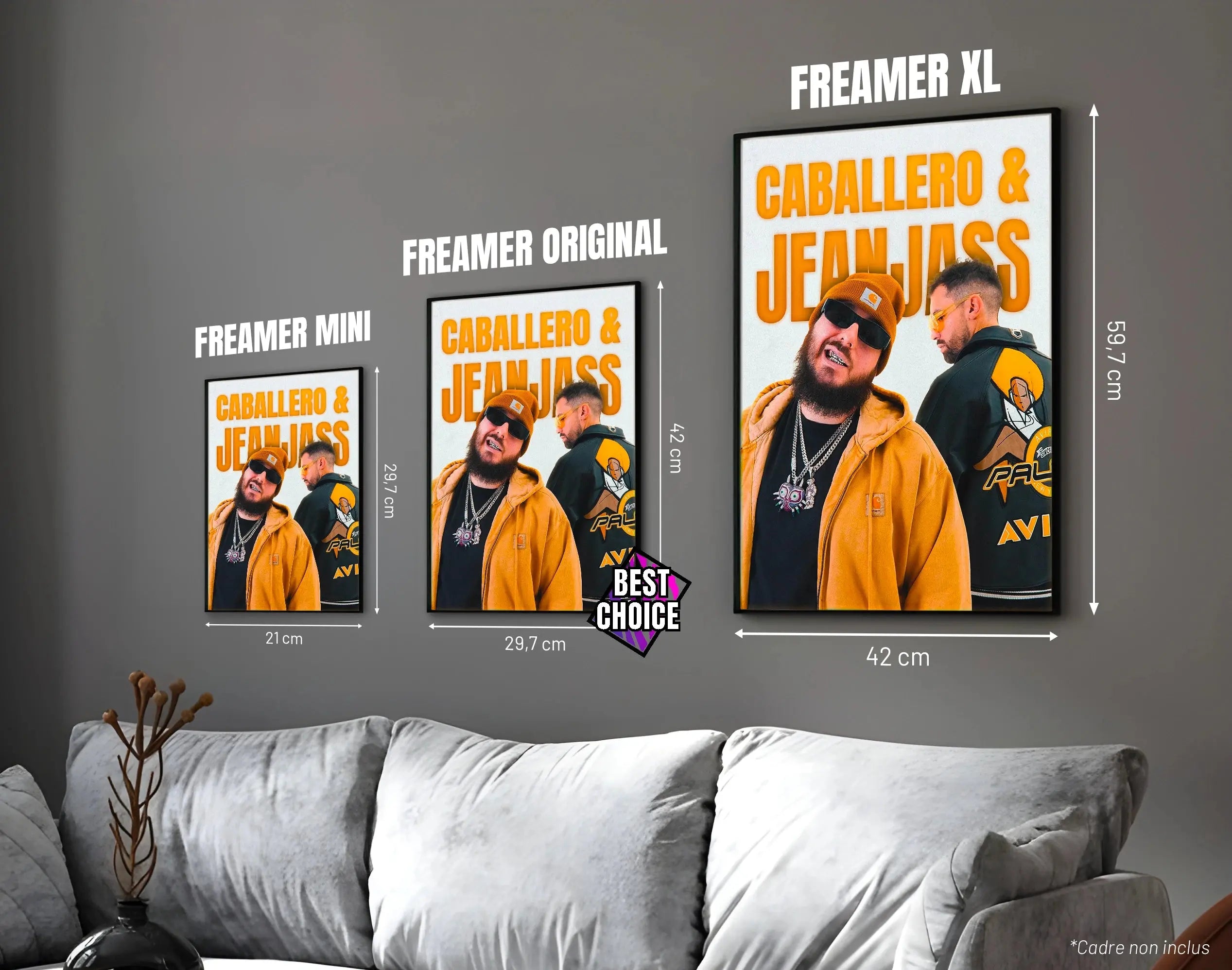 Posters "CABALLERO & JEANJASS" – ton jaune - formats A4, A3 et A2 dans cadres, comparaison des tailles avec dimensions