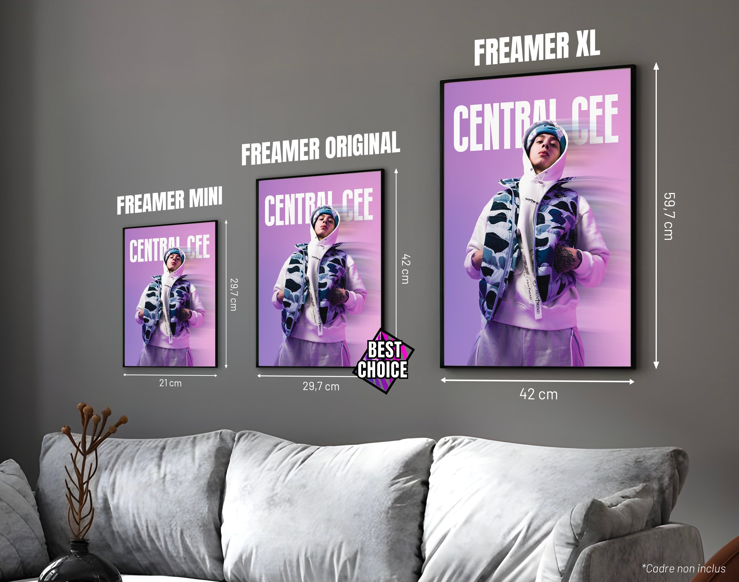 Posters "CENTRAL CEE" – ton lavande - formats A4, A3 et A2 dans cadres, comparaison des tailles avec dimensions