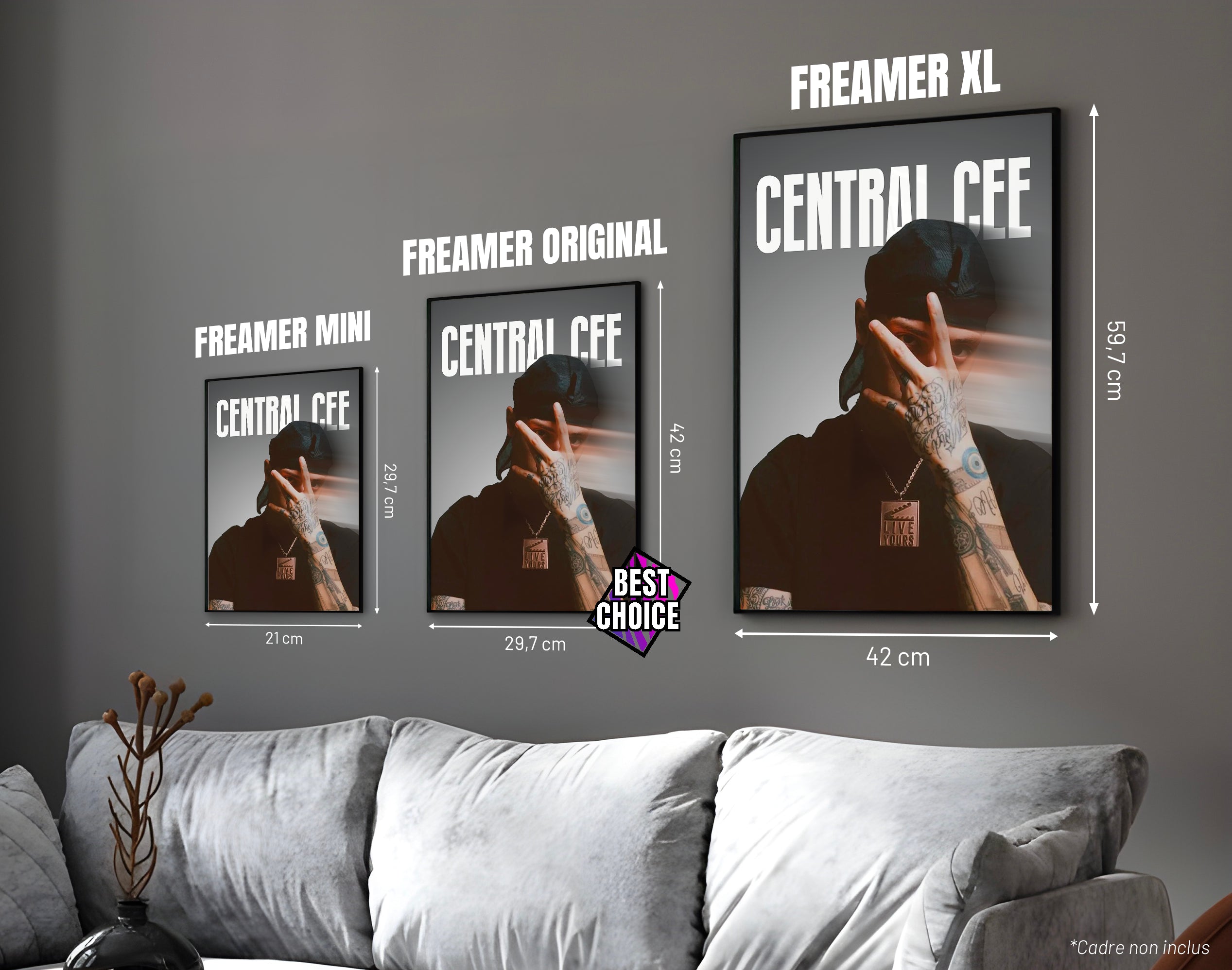 Posters "CENTRAL CEE" – ton gris - formats A4, A3 et A2 dans cadres, comparaison des tailles avec dimensions