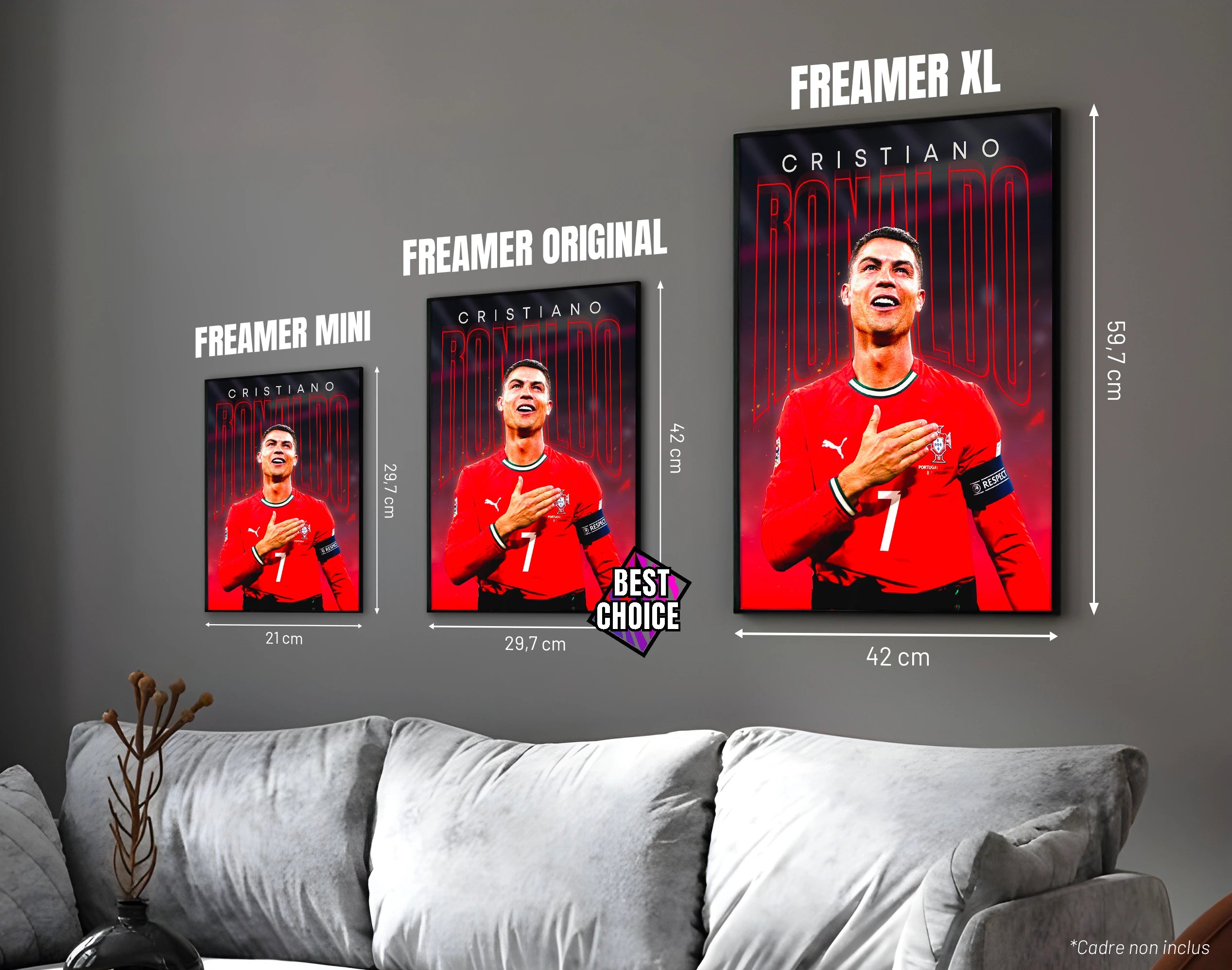 Posters "CRISTIANO RONALDO" – ton rouge - formats A4, A3 et A2 dans cadres, comparaison des tailles avec dimensions