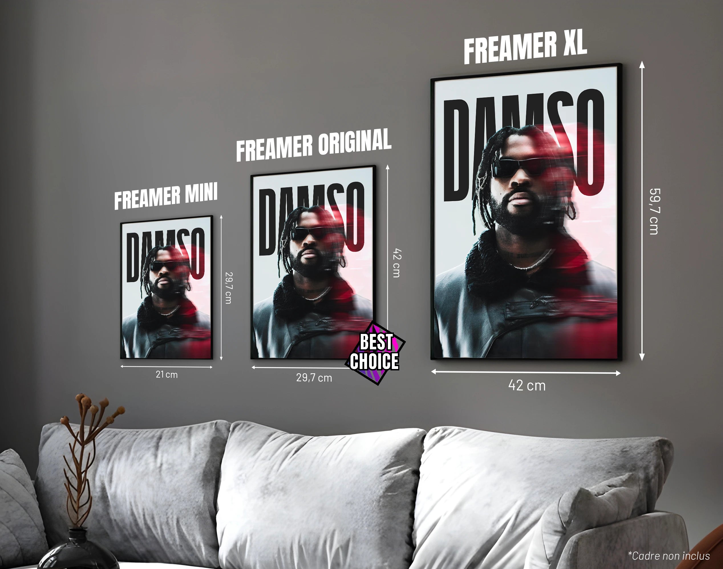 Posters "DAMSO" – ton rouge - formats A4, A3 et A2 dans cadres, comparaison des tailles avec dimensions