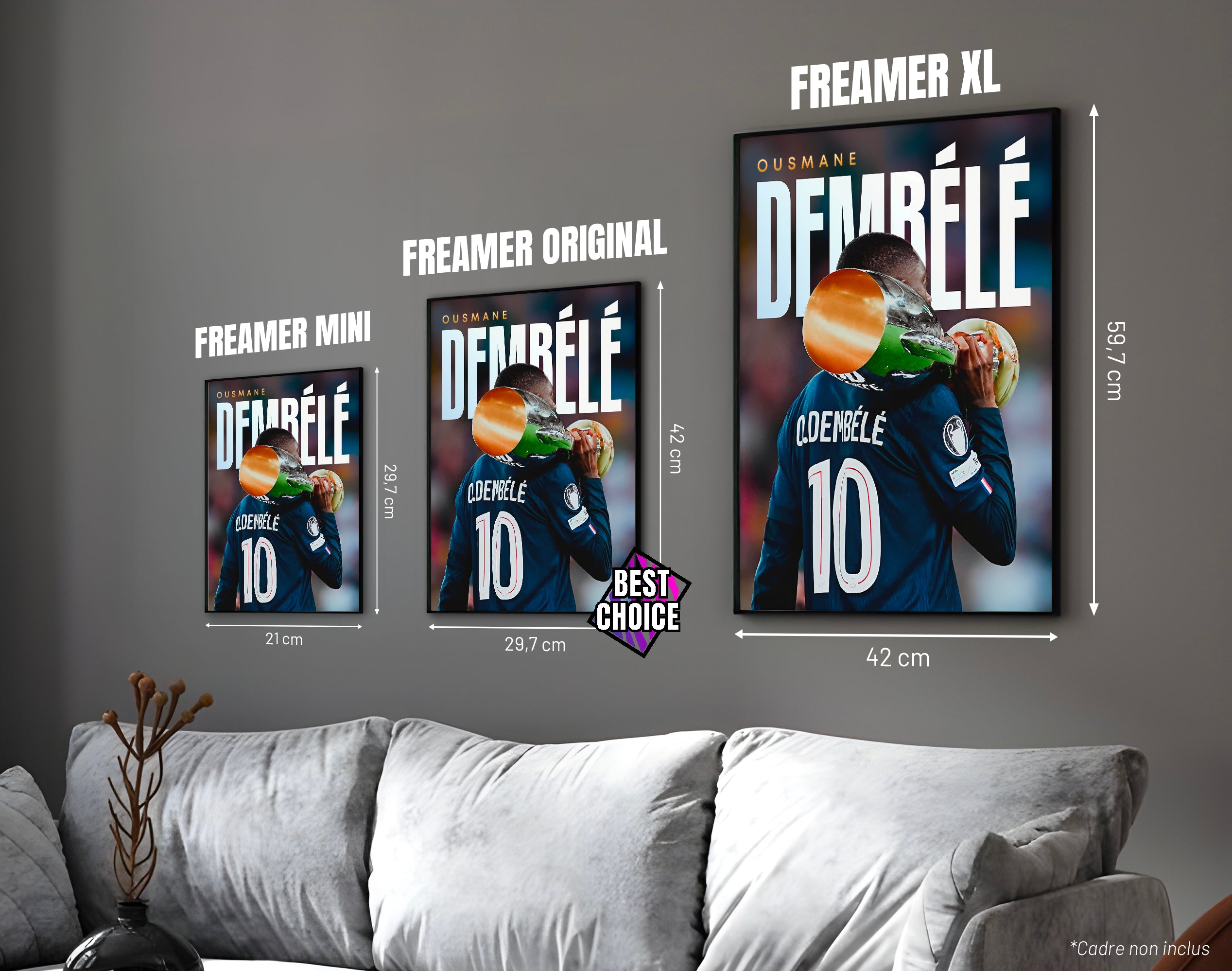 Posters "OUSMANE DEMBÉLÉ" – ton bleu, blanc et or - formats A4, A3 et A2 dans cadres, comparaison des tailles avec dimensions