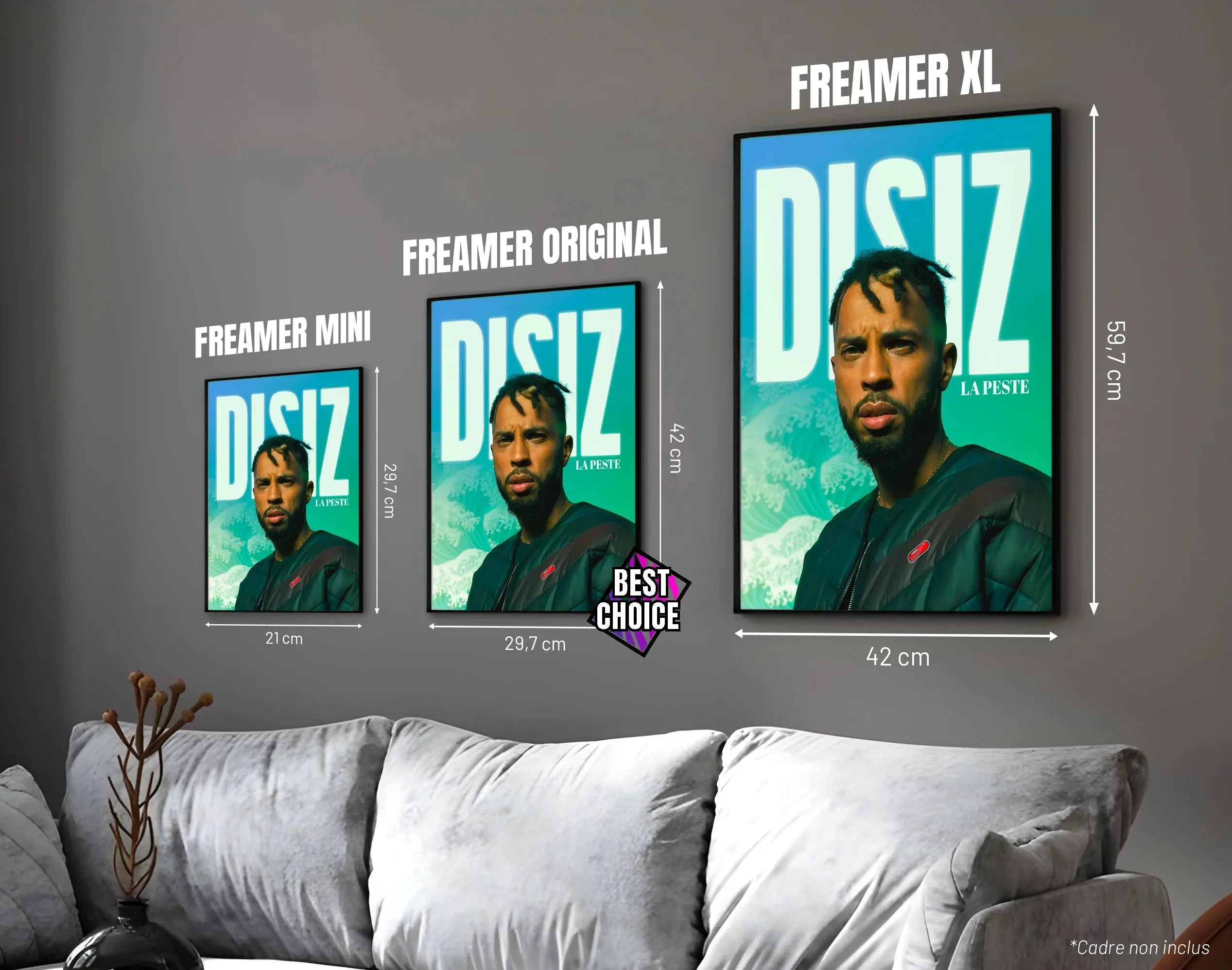 Posters "DISIZ" – ton turquoise - formats A4, A3 et A2 dans cadres, comparaison des tailles avec dimensions