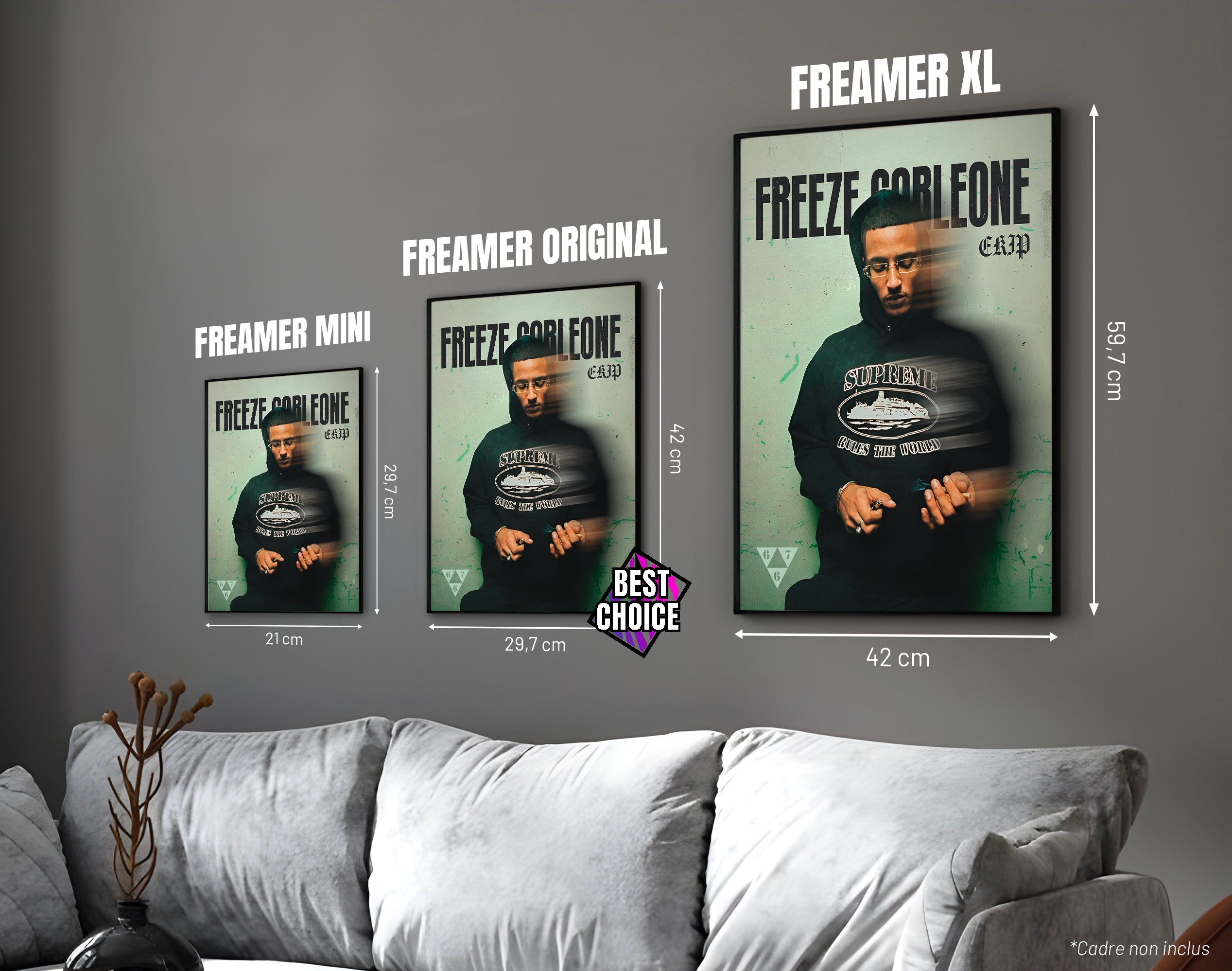Posters "FREEZE CORLEONE" – ton vert - formats A4, A3 et A2 dans cadres, comparaison des tailles avec dimensions
