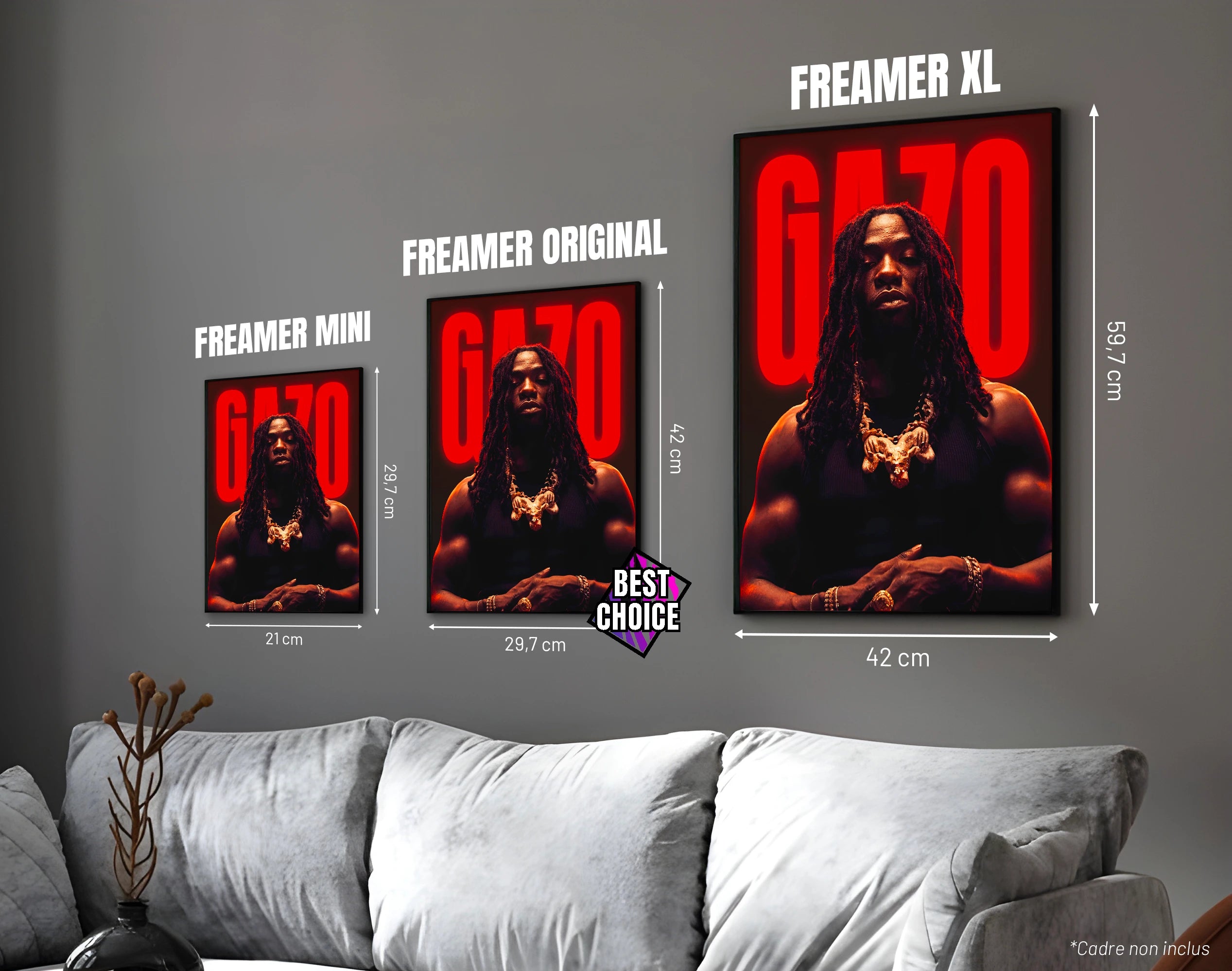 Posters "GAZO" – ton rouge - formats A4, A3 et A2 dans cadres, comparaison des tailles avec dimensions