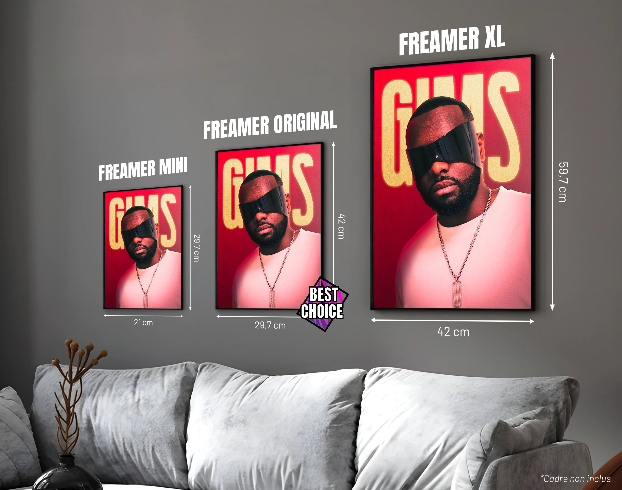 Posters "GIMS" – ton rouge et or - formats A4, A3 et A2 dans cadres, comparaison des tailles avec dimensions