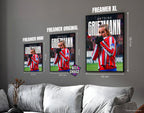Posters "ANTOINE GRIEZMANN" – ton rouge et blanc - formats A4, A3 et A2 dans cadres, comparaison des tailles avec dimensions