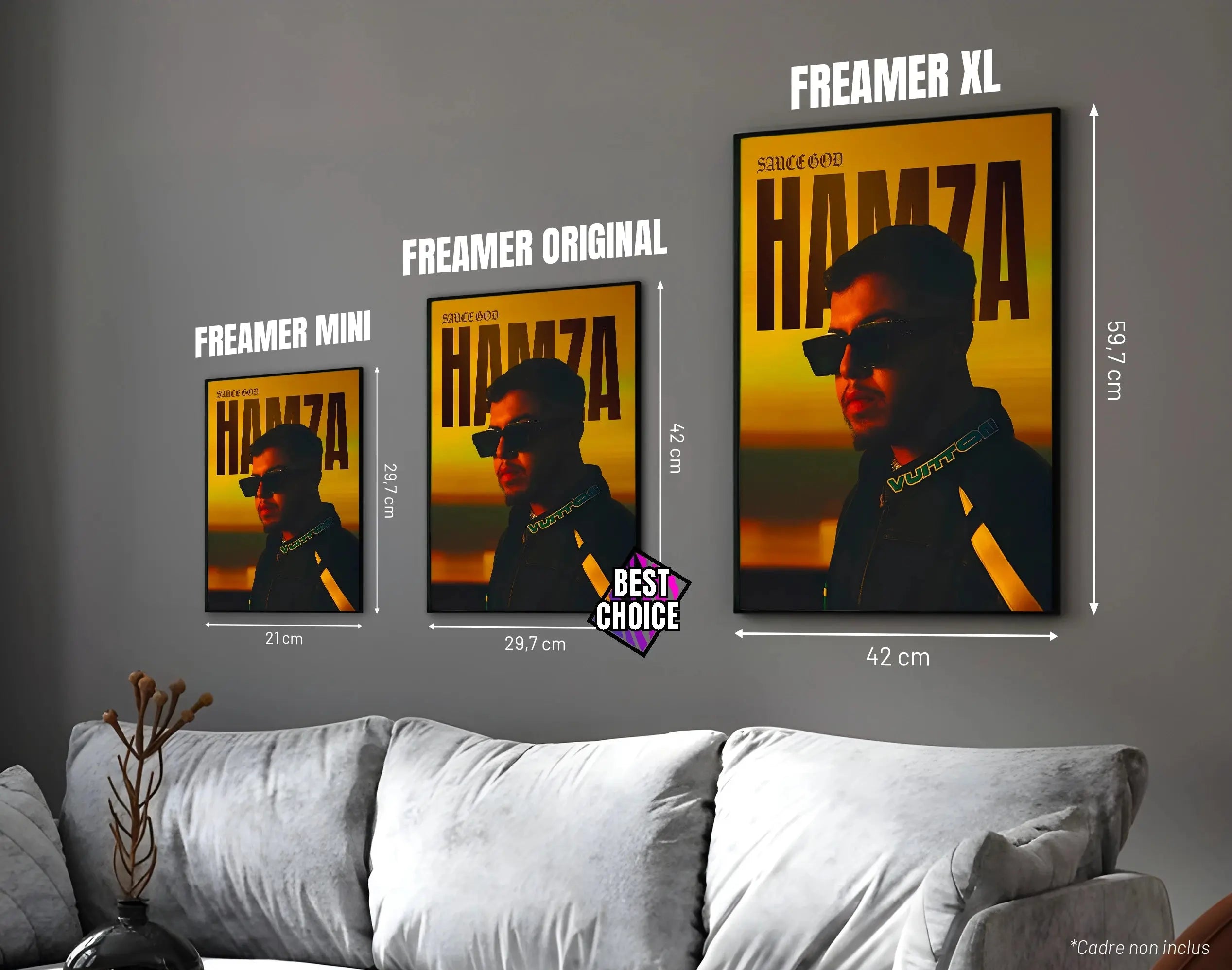 Posters "HAMZA" – ton jaune - formats A4, A3 et A2 dans cadres, comparaison des tailles avec dimensions