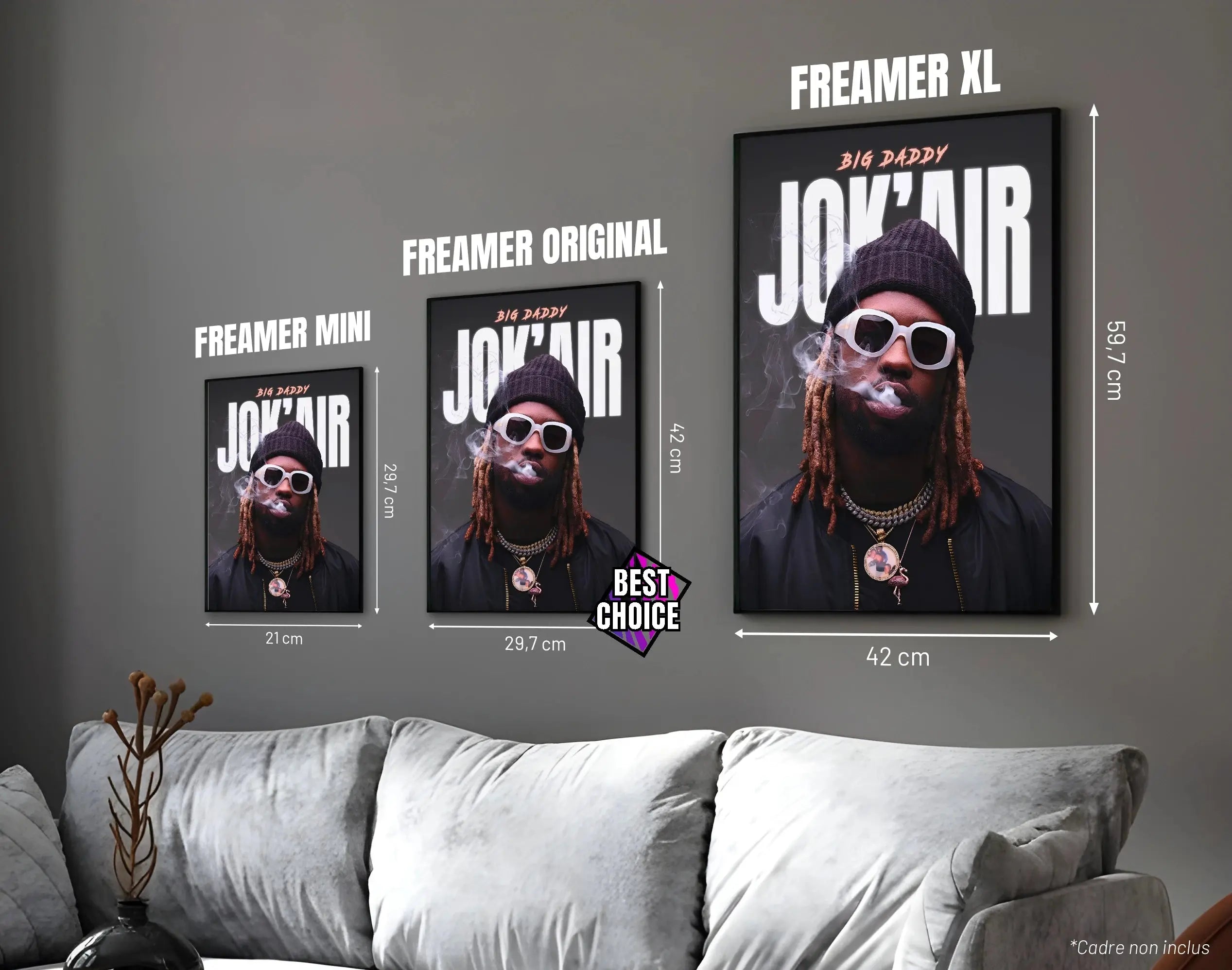 Posters "JOK'AIR" – ton gris - formats A4, A3 et A2 dans cadres, comparaison des tailles avec dimensions
