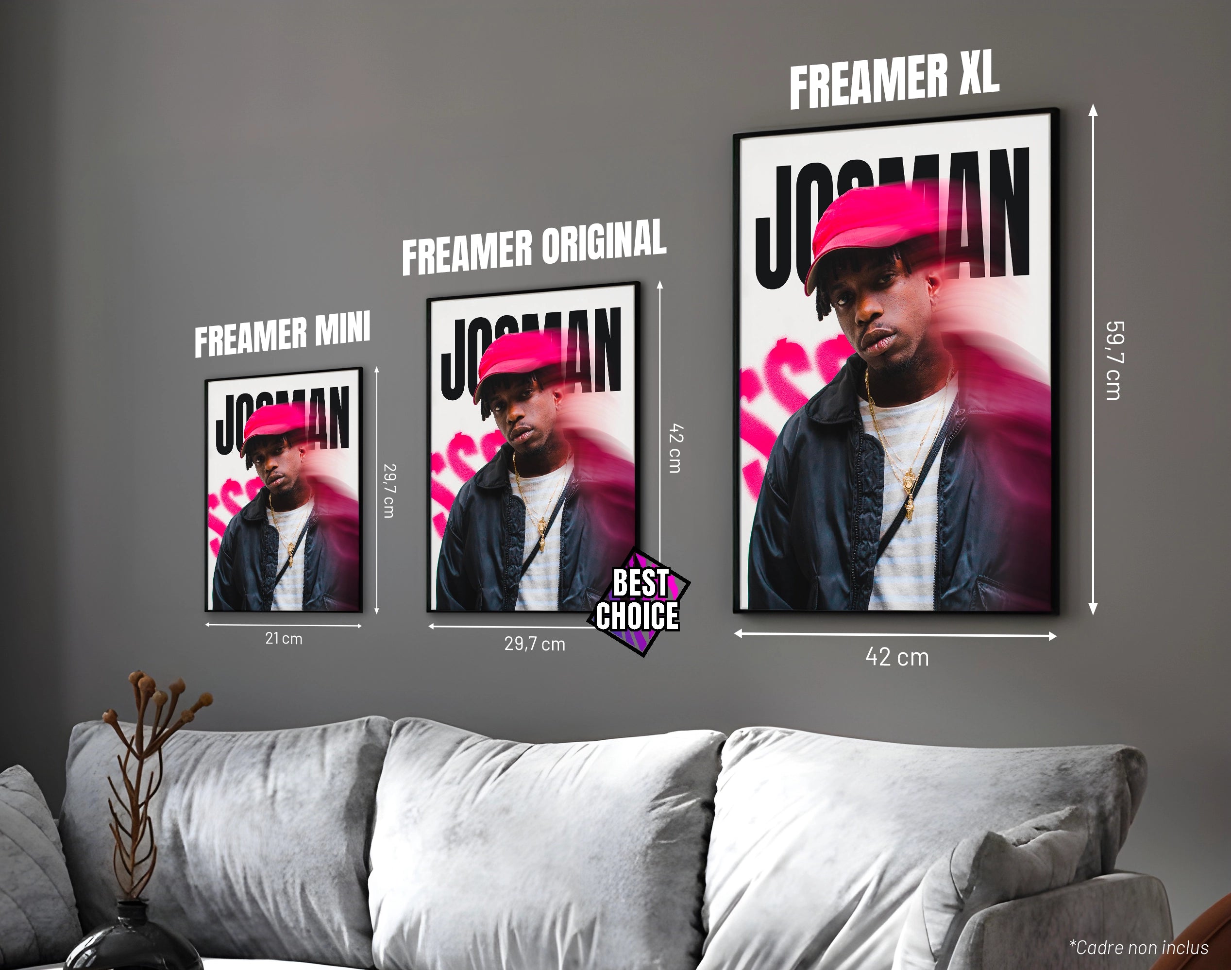 Posters "JOSMAN" – ton rose - formats A4, A3 et A2 dans cadres, comparaison des tailles avec dimensions