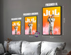 Posters "JUL" - ton orange - formats A4, A3 et A2 dans cadres, comparaison des tailles avec dimensions