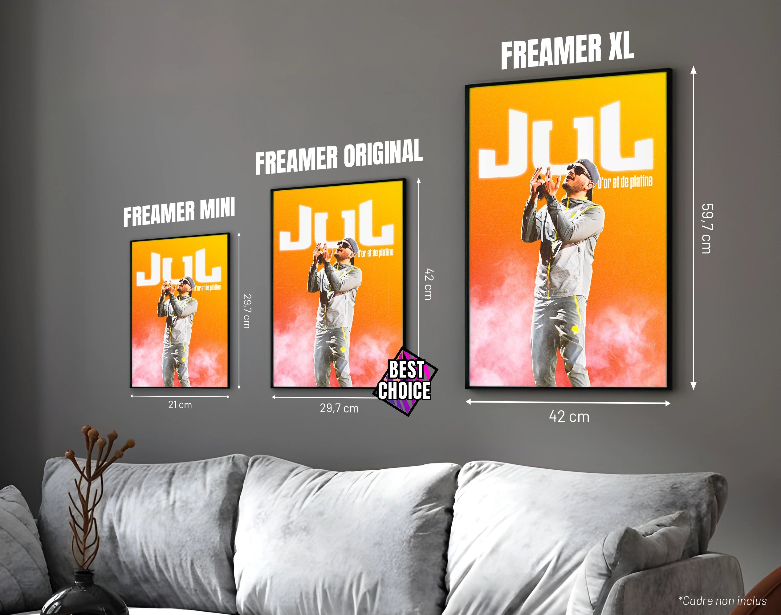 Posters "JUL" - ton orange - formats A4, A3 et A2 dans cadres, comparaison des tailles avec dimensions