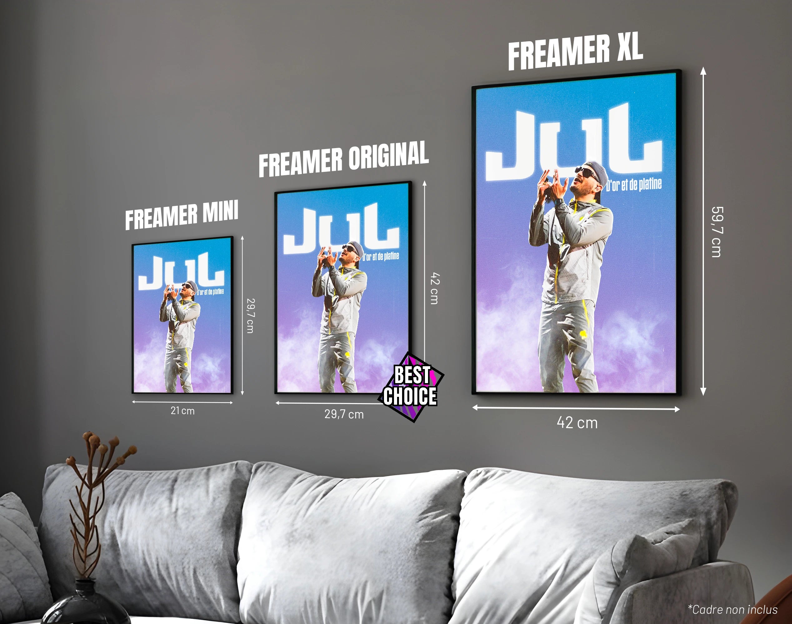 Posters "JUL" – ton bleu - formats A4, A3 et A2 dans cadres, comparaison des tailles avec dimensions