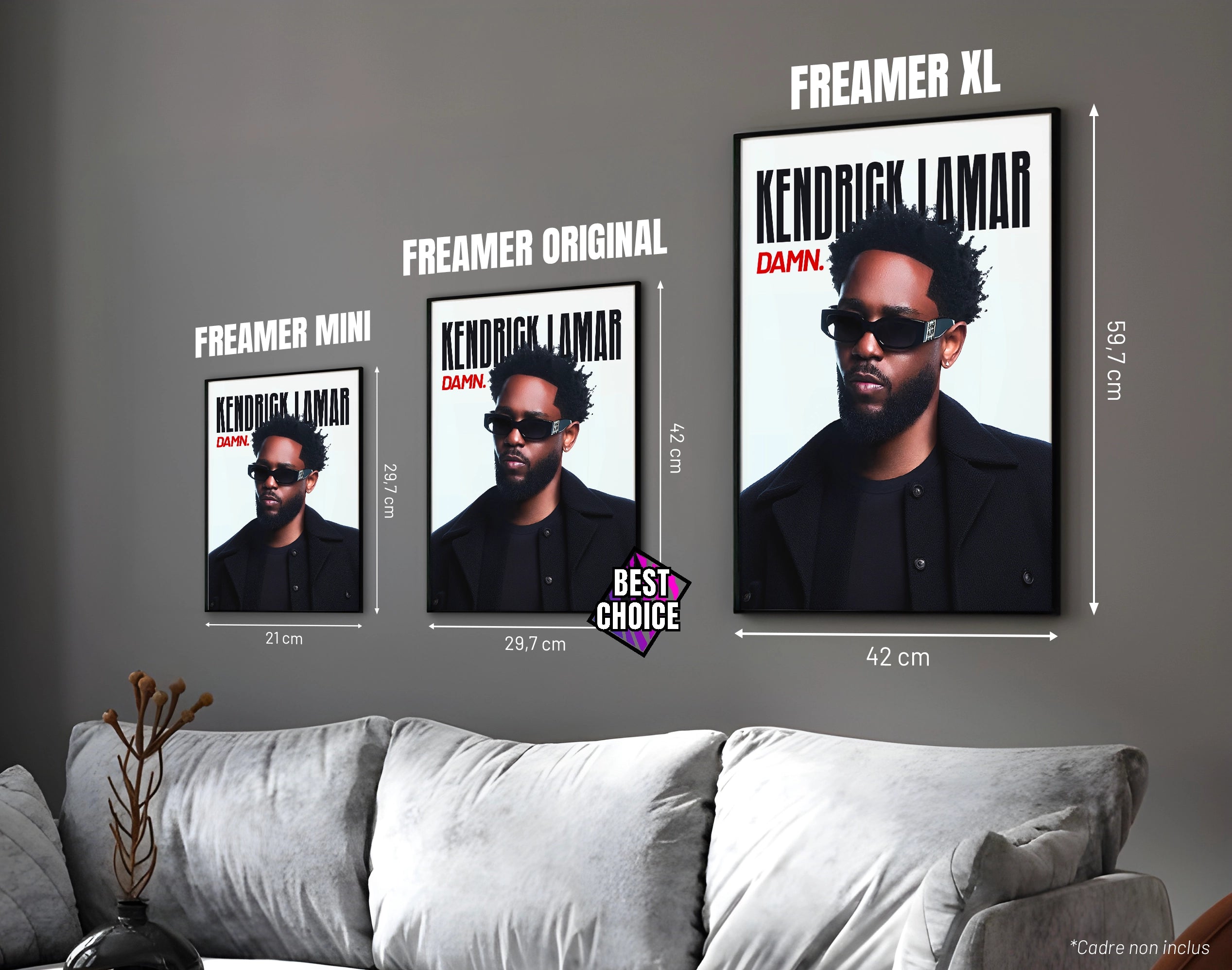 Posters "KENDRICK LAMAR" – ton blanc - formats A4, A3 et A2 dans cadres, comparaison des tailles avec dimensions