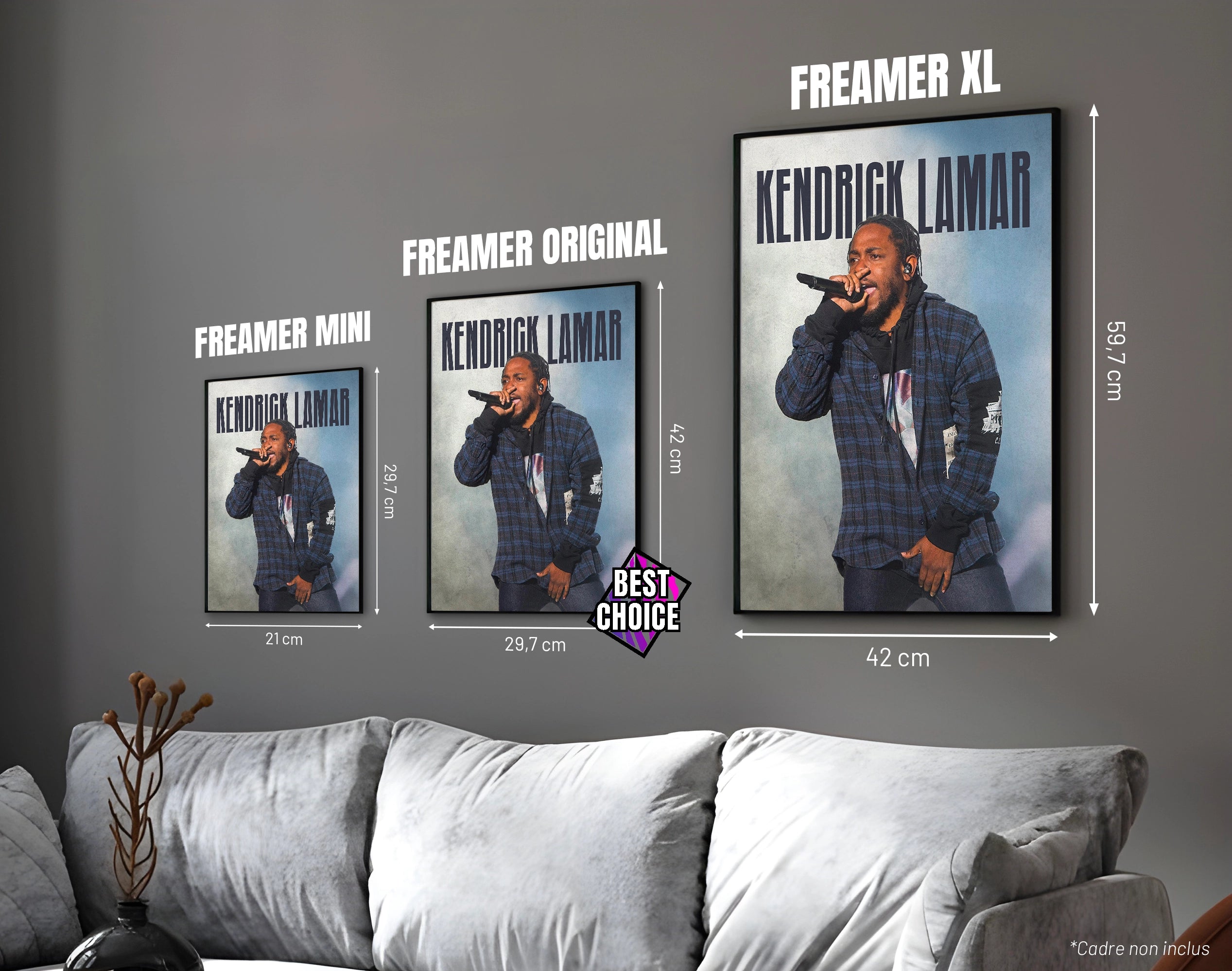 Posters "KENDRICK LAMAR" – ton bleu - formats A4, A3 et A2 dans cadres, comparaison des tailles avec dimensions