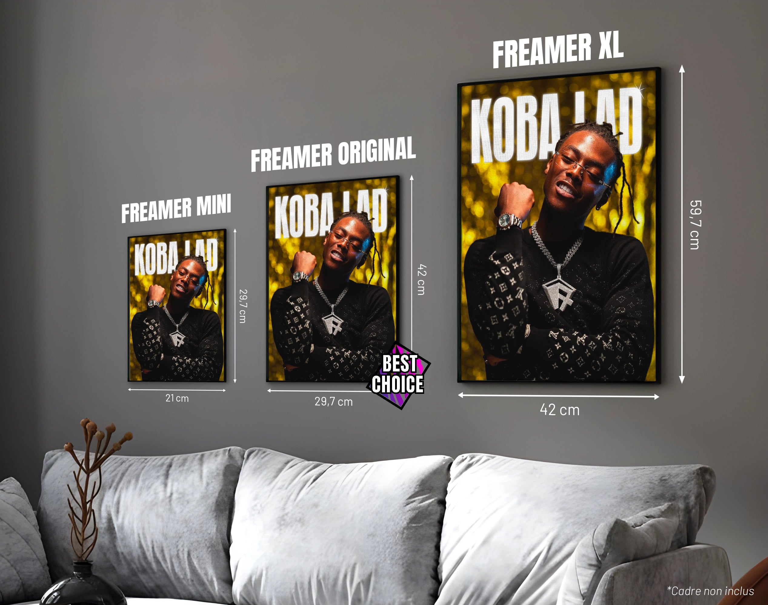 Posters "KOBA LAD" – ton jaune - formats A4, A3 et A2 dans cadres, comparaison des tailles avec dimensions
