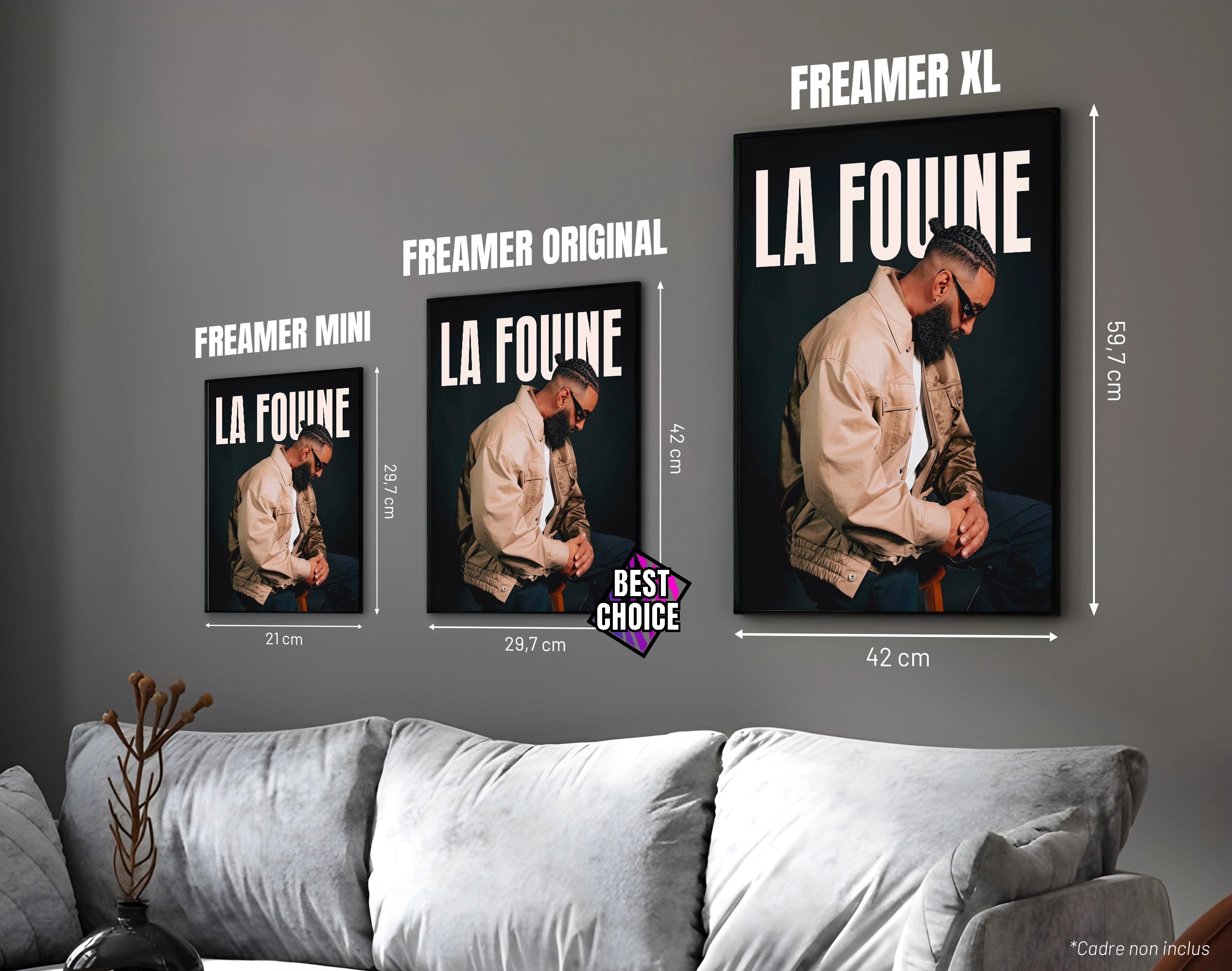 Posters "LA FOUINE" – ton noir - formats A4, A3 et A2 dans cadres, comparaison des tailles avec dimensions
