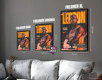 Posters "LEBRON JAMES" – ton orange - formats A4, A3 et A2 dans cadres, comparaison des tailles avec dimensions