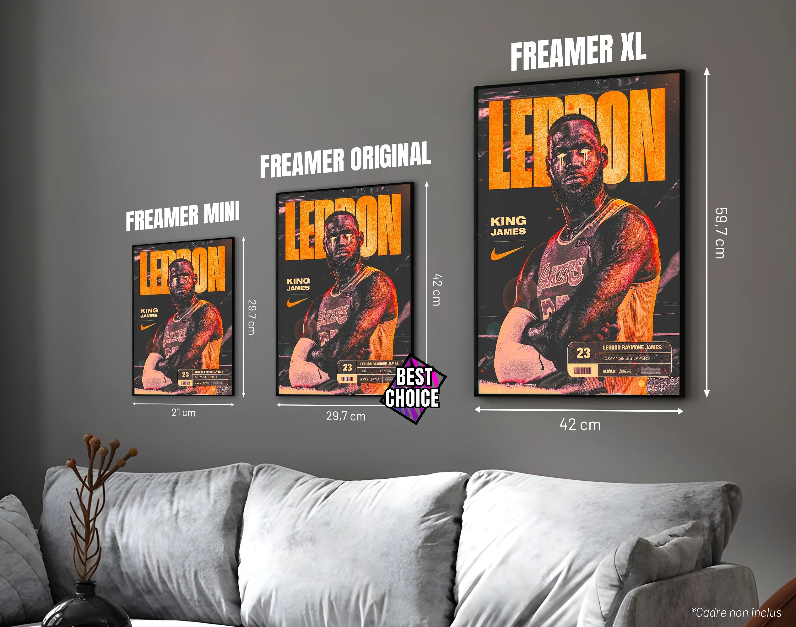 Posters "LEBRON JAMES" – ton orange - formats A4, A3 et A2 dans cadres, comparaison des tailles avec dimensions
