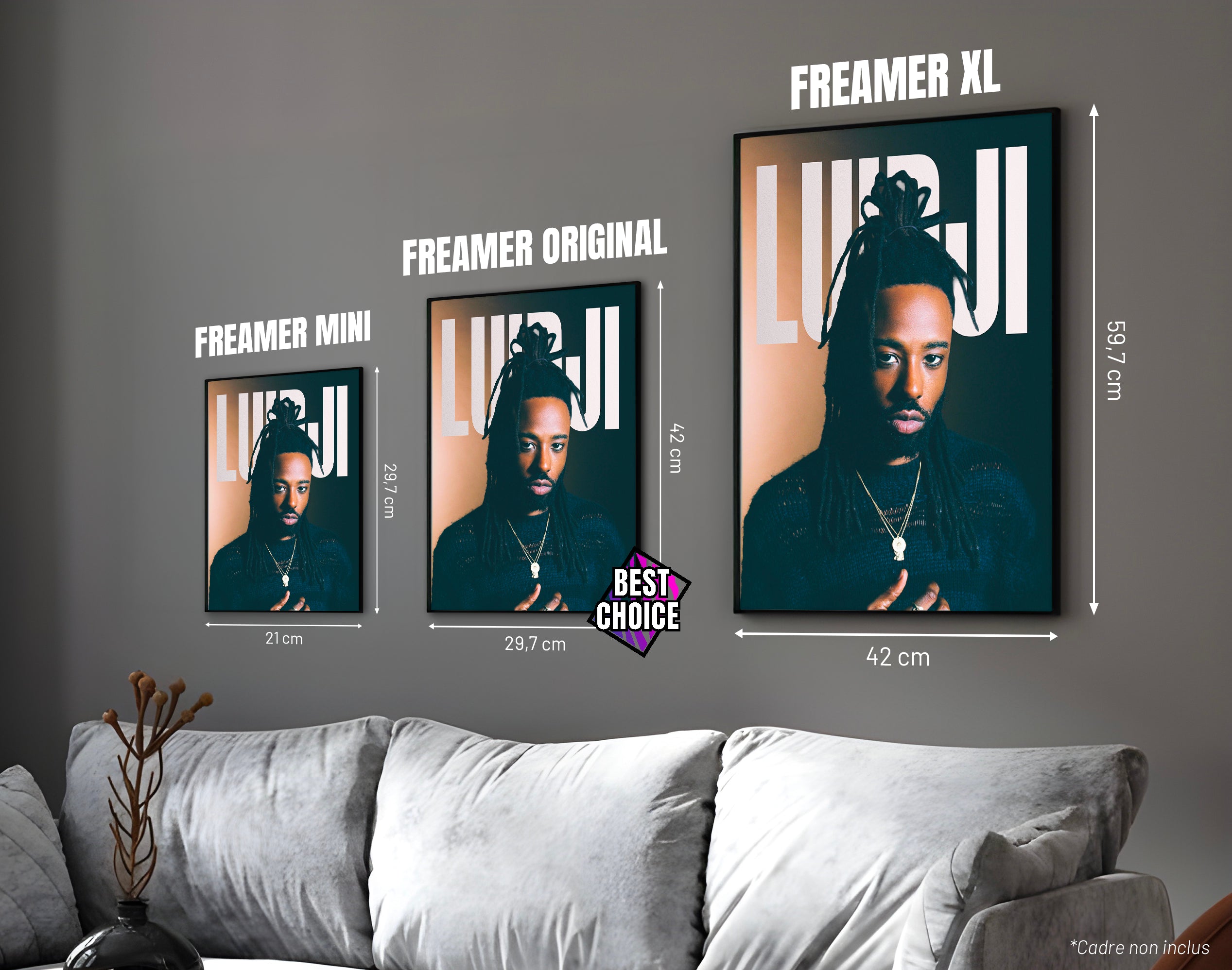 Posters "LUIDJI" – ton marron - formats A4, A3 et A2 dans cadres, comparaison des tailles avec dimensions