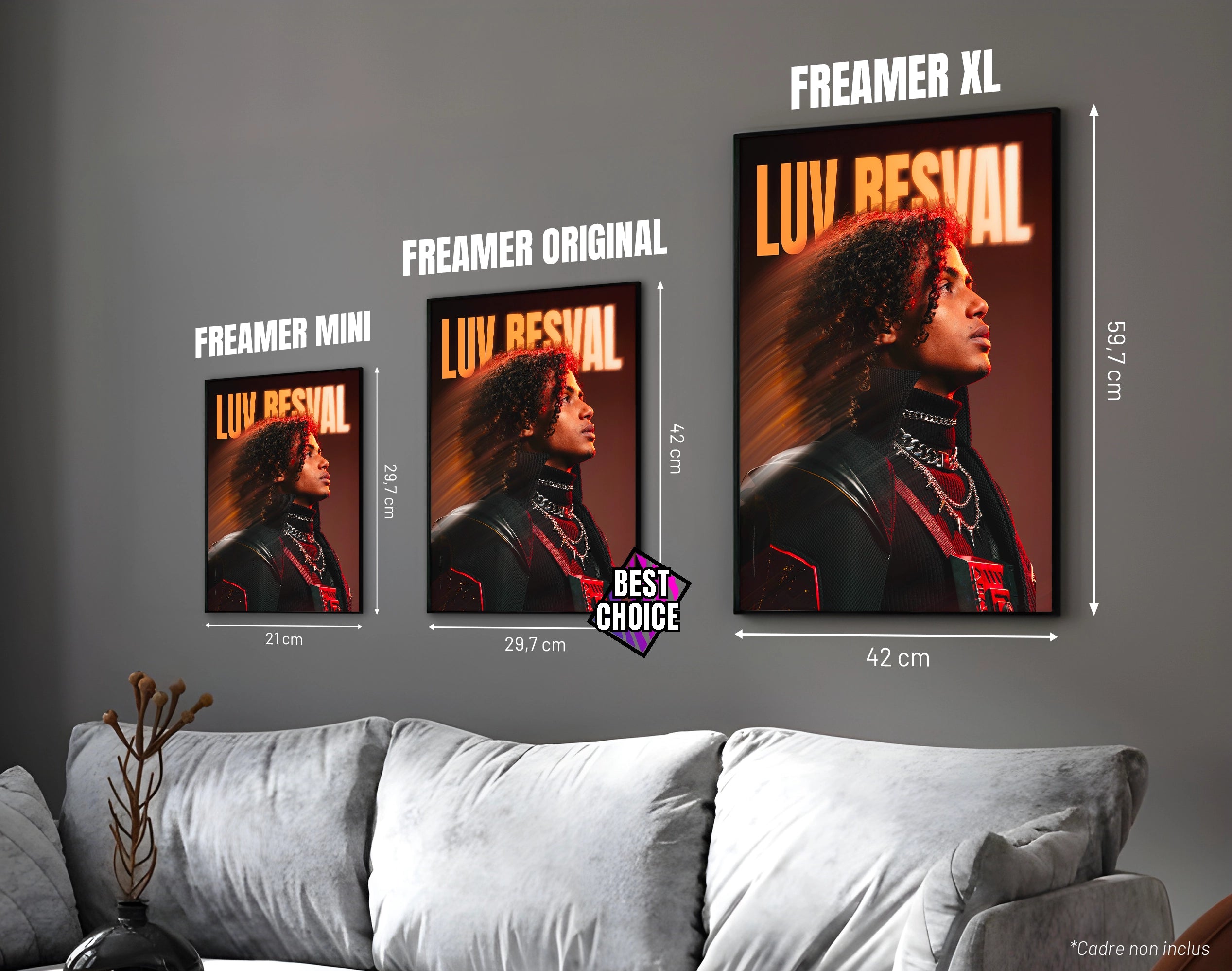 Posters "LUV RESVAL" – ton orange - formats A4, A3 et A2 dans cadres, comparaison des tailles avec dimensions