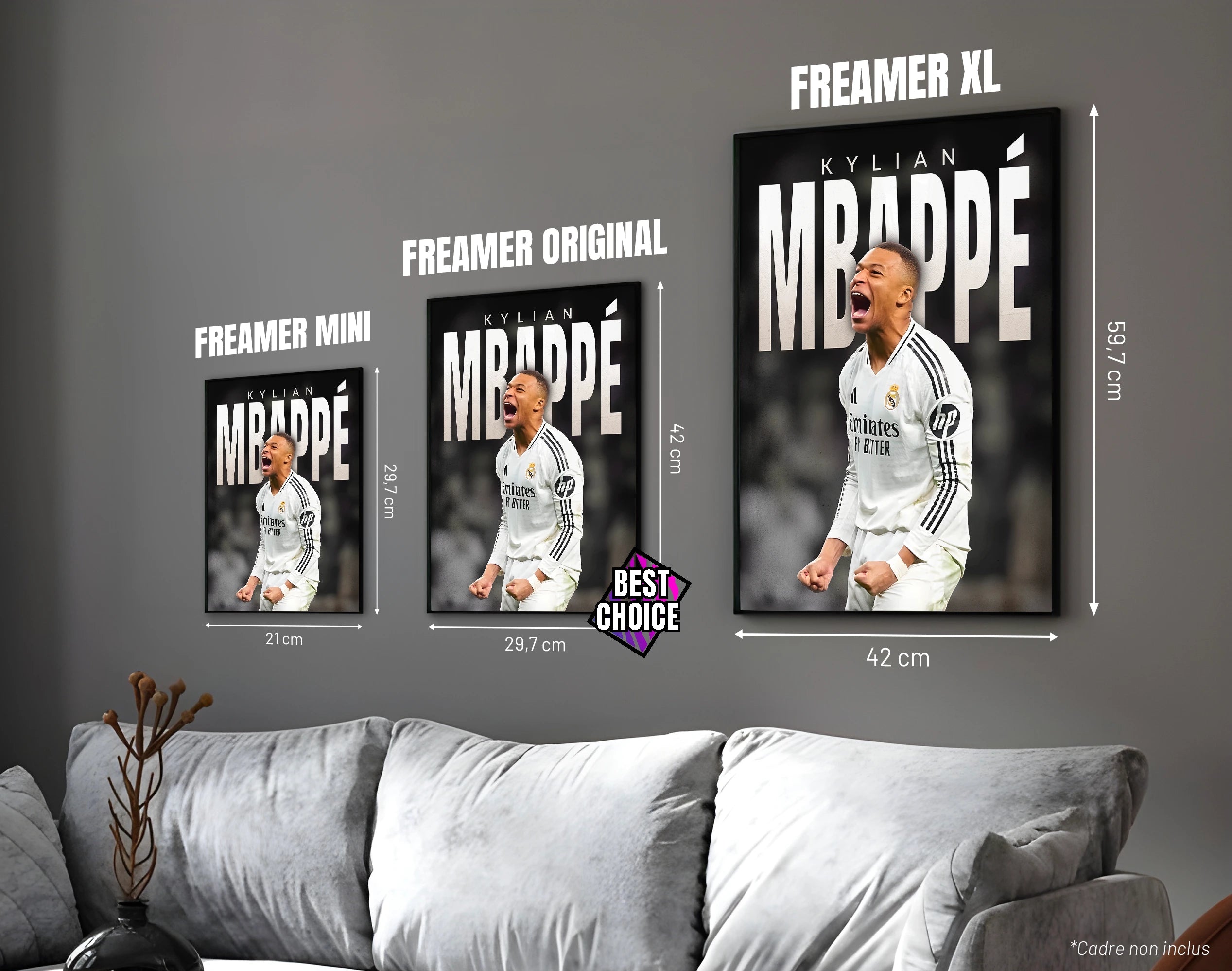 Posters "KYLIAN MBAPPÉ" – ton blanc - formats A4, A3 et A2 dans cadres, comparaison des tailles avec dimensions