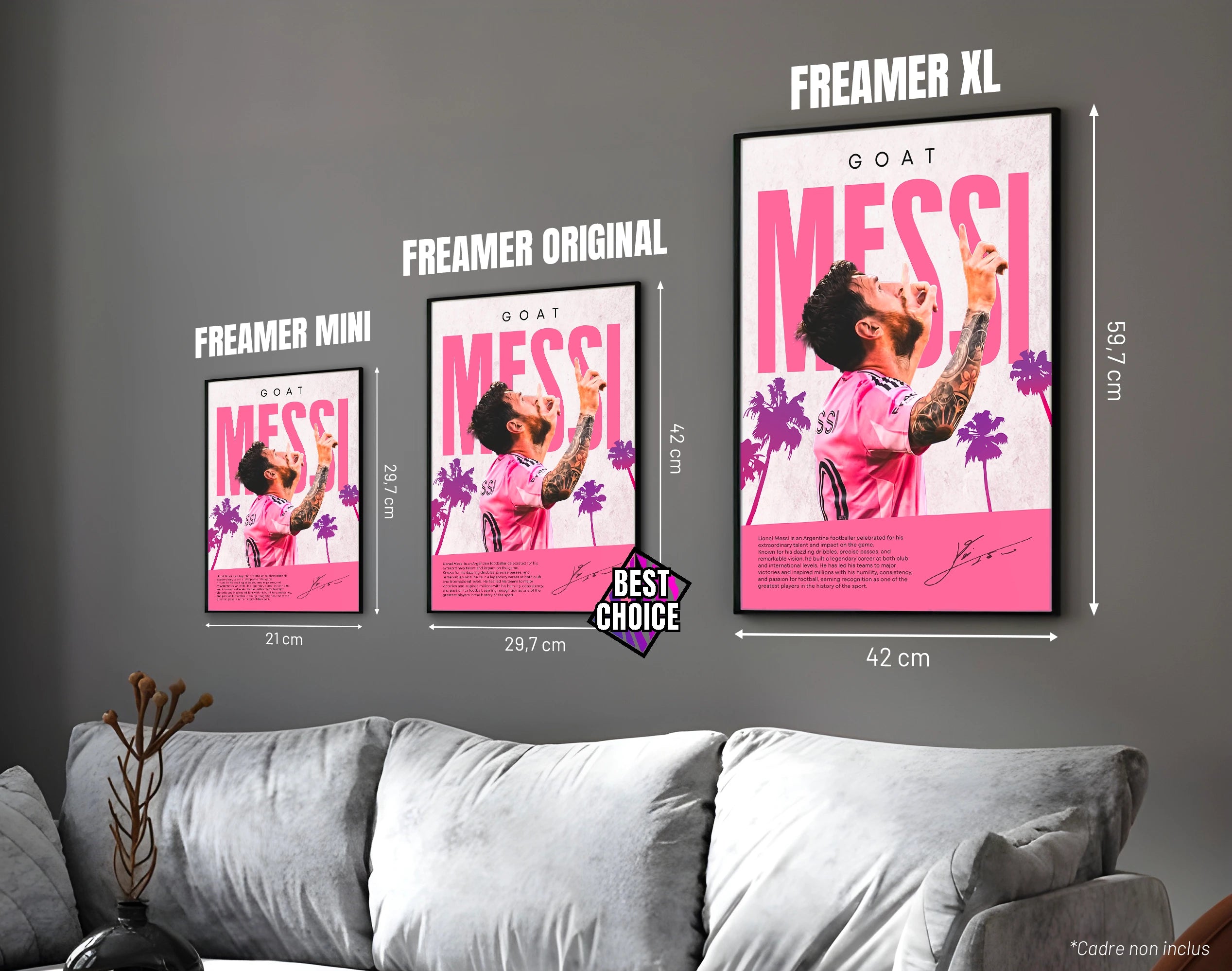 Posters "LIONEL MESSI" – ton rose - formats A4, A3 et A2 dans cadres, comparaison des tailles avec dimensions