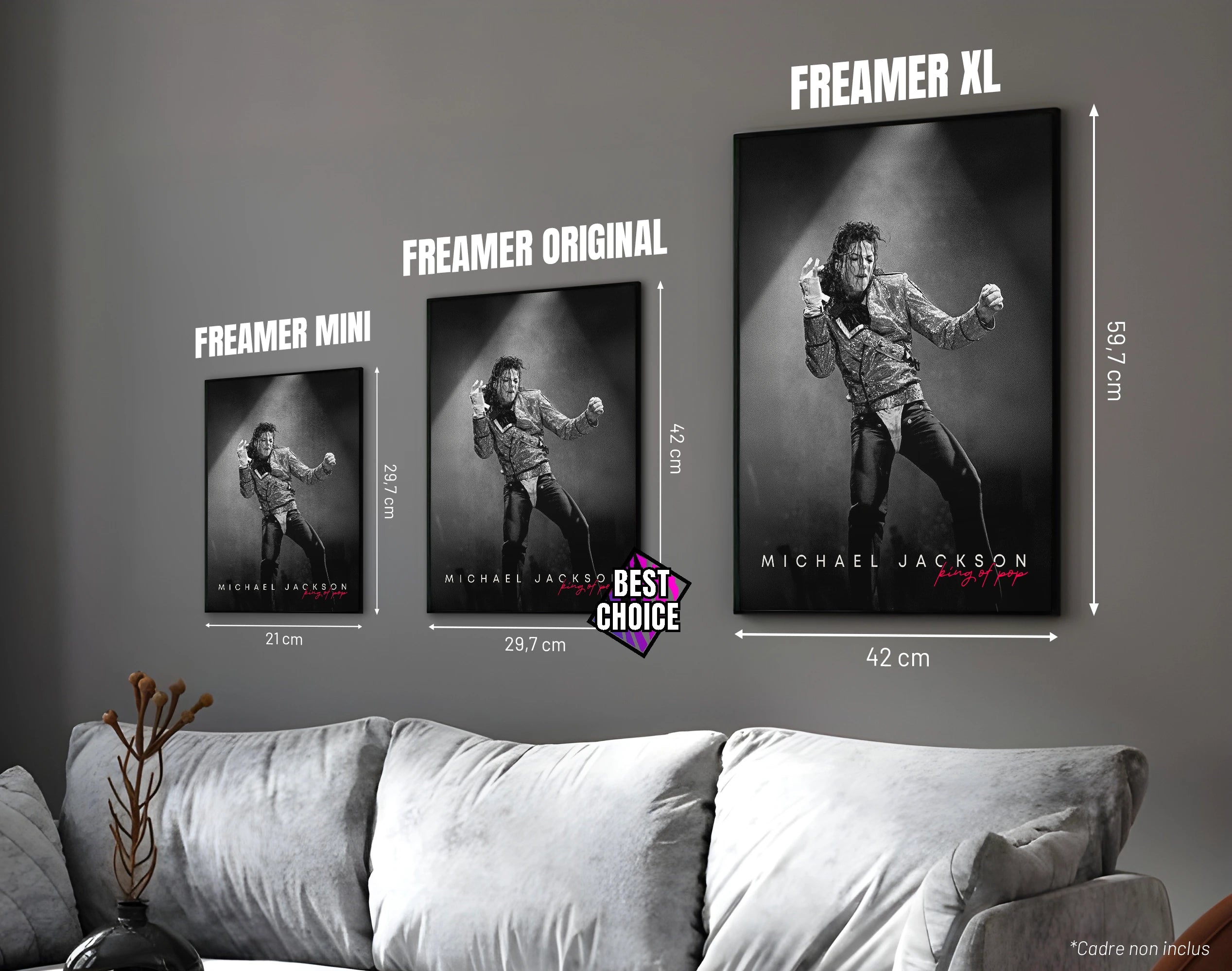 Posters "MICHAEL JACKSON" – ton noir - formats A4, A3 et A2 dans cadres, comparaison des tailles avec dimensions