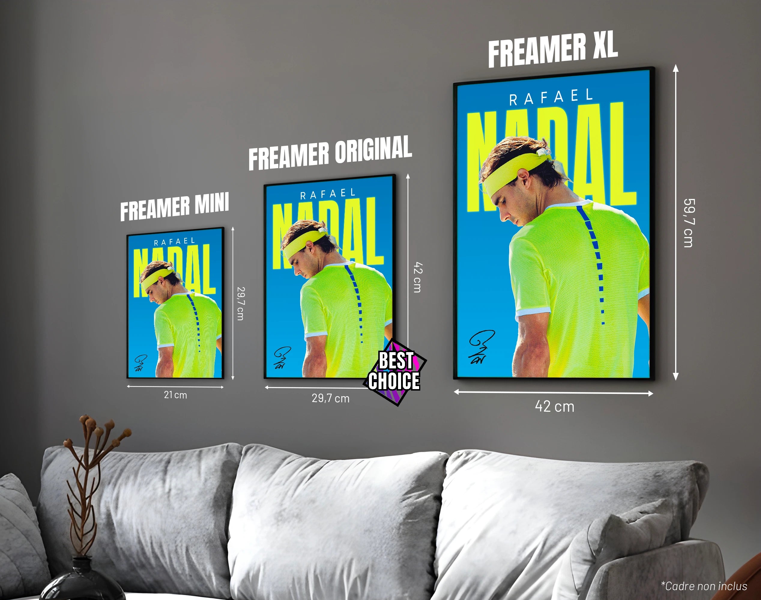 Posters "RAFAEL NADAL" – ton bleu et jaune - formats A4, A3 et A2 dans cadres, comparaison des tailles avec dimensions