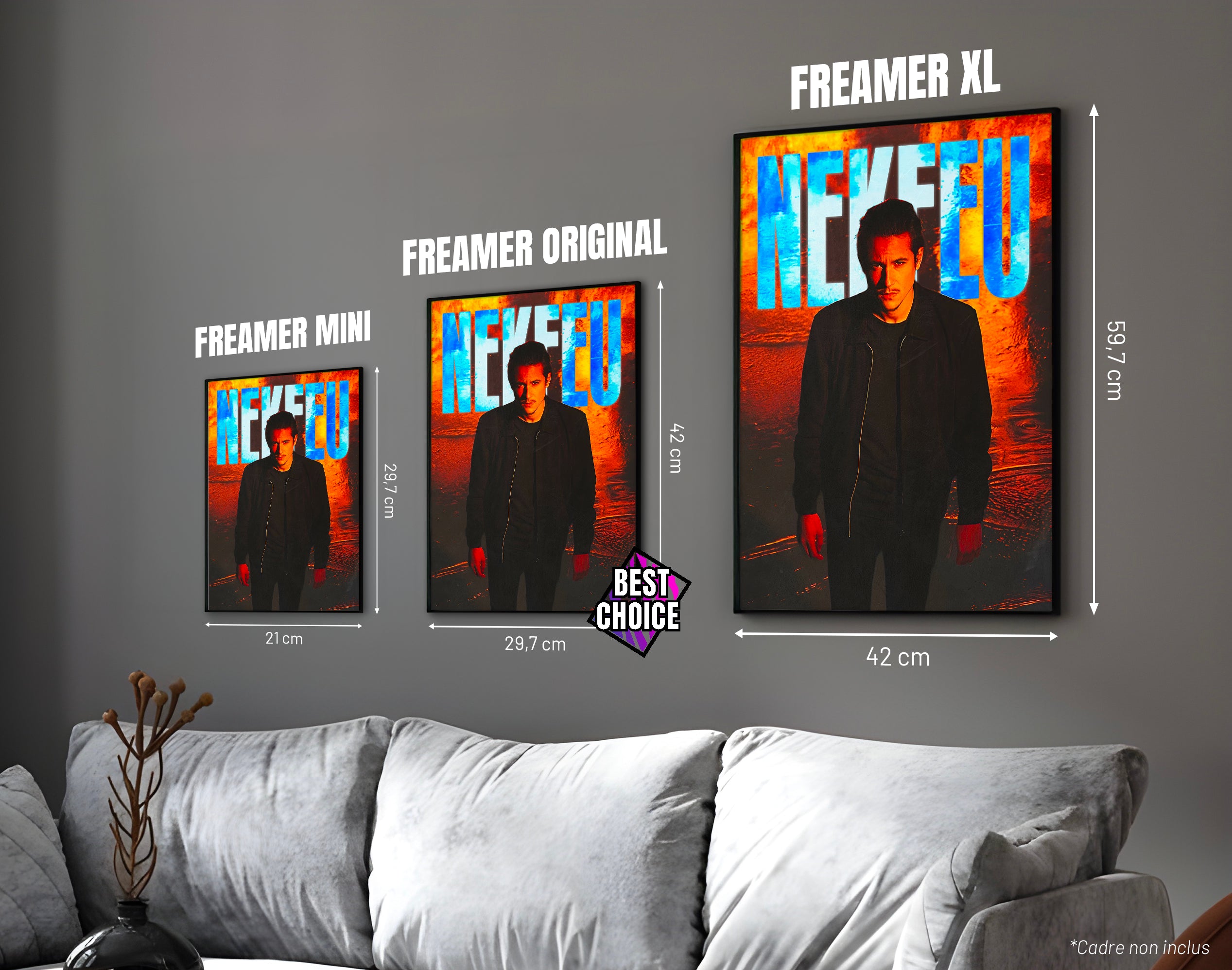 Posters "NEKFEU" – ton orange - formats A4, A3 et A2 dans cadres, comparaison des tailles avec dimensions