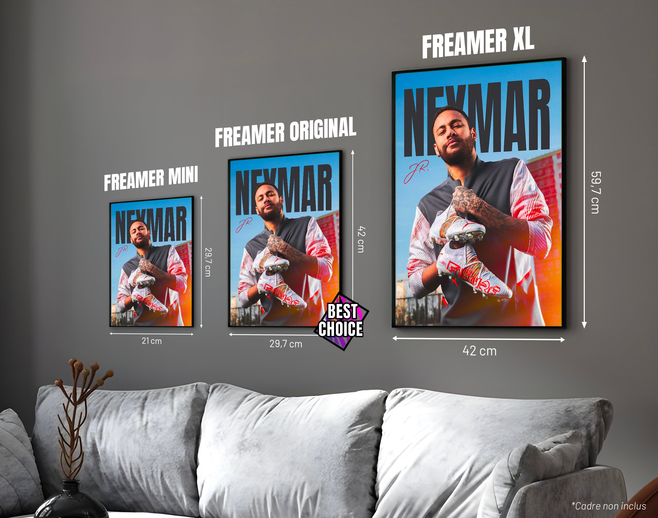 Posters "NEYMAR JR" – ton bleu, gris et rouge - formats A4, A3 et A2 dans cadres, comparaison des tailles avec dimensions