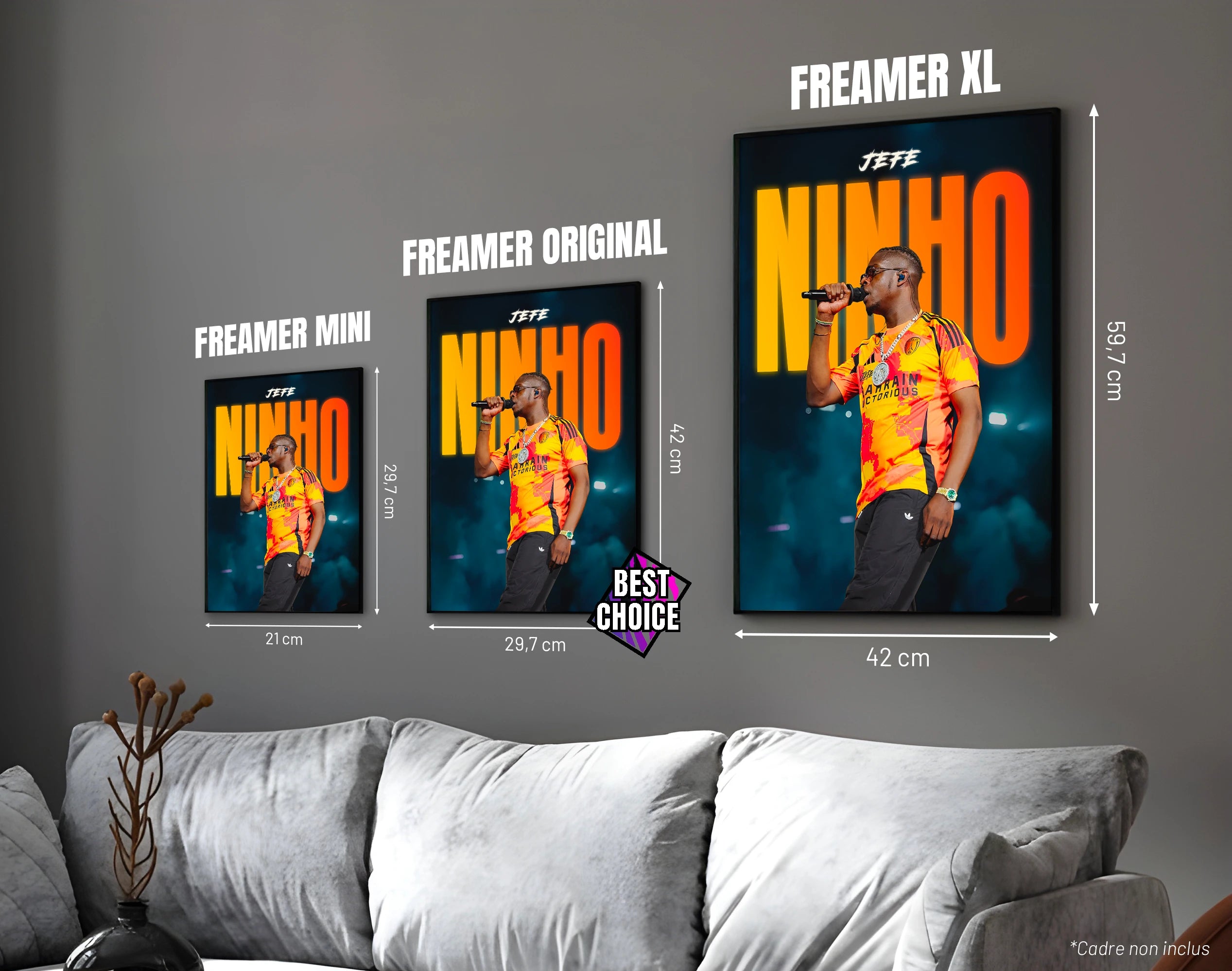 Posters "NINHO" – ton orange - formats A4, A3 et A2 dans cadres, comparaison des tailles avec dimensions