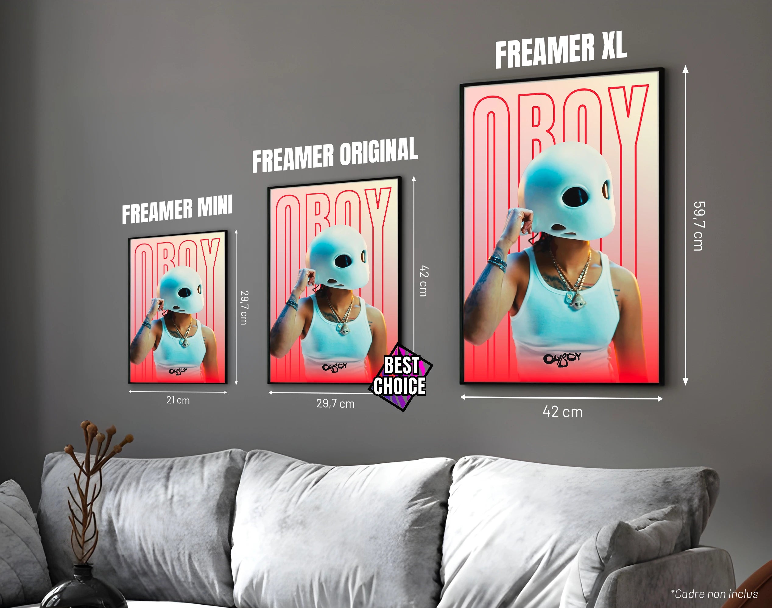 Posters "OBOY" – ton rouge - formats A4, A3 et A2 dans cadres, comparaison des tailles avec dimensions