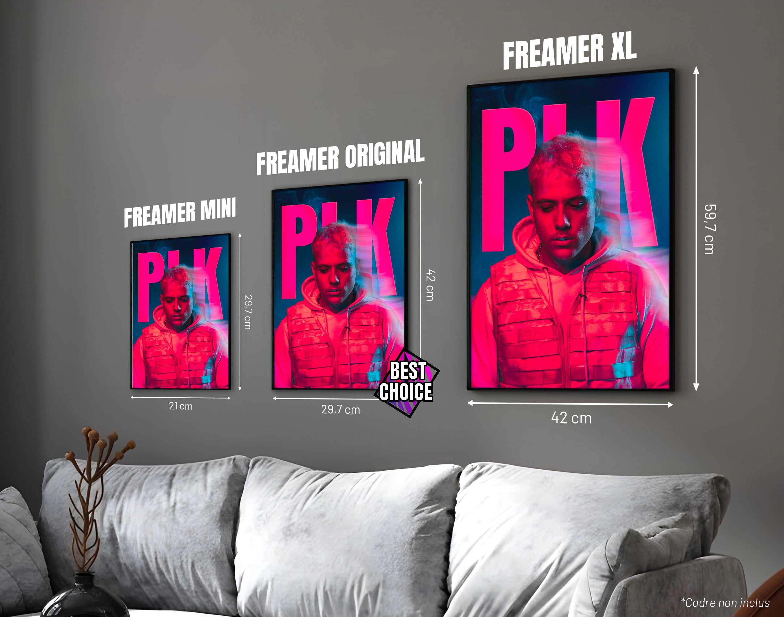 Posters "PLK" – ton rouge - formats A4, A3 et A2 dans cadres, comparaison des tailles avec dimensions