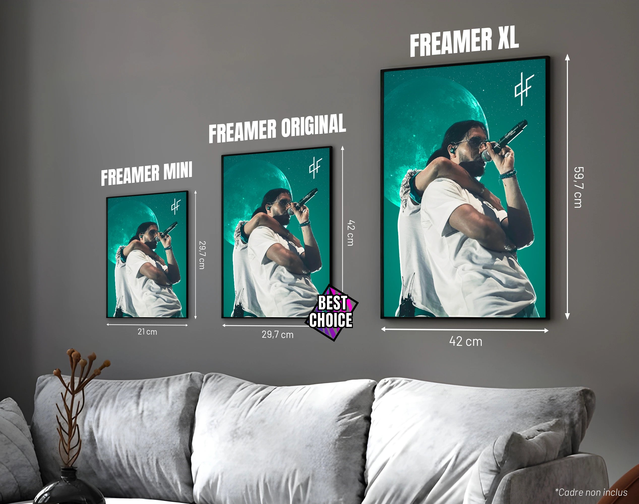 Posters "PNL" - ton turquoise - formats A4, A3 et A2 dans cadres, comparaison des tailles avec dimensions