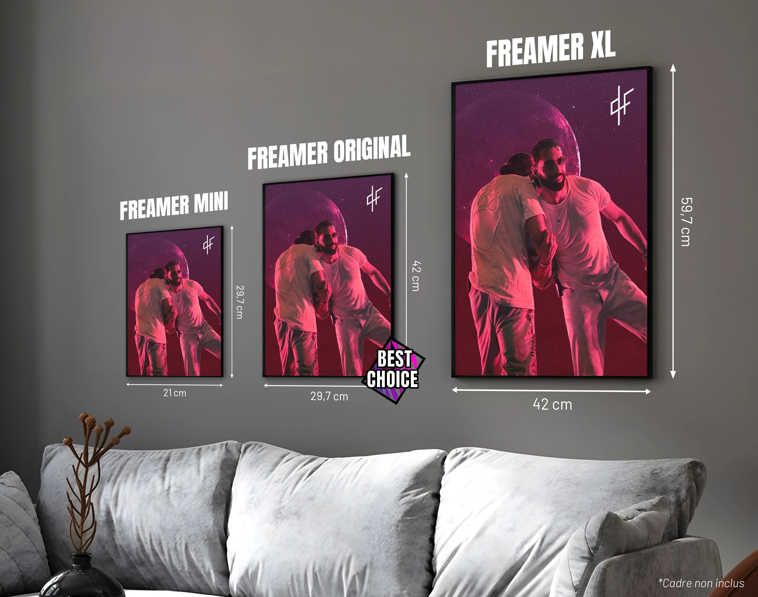 Posters "PNL" - ton rose - formats A4, A3 et A2 dans cadres, comparaison des tailles avec dimensions