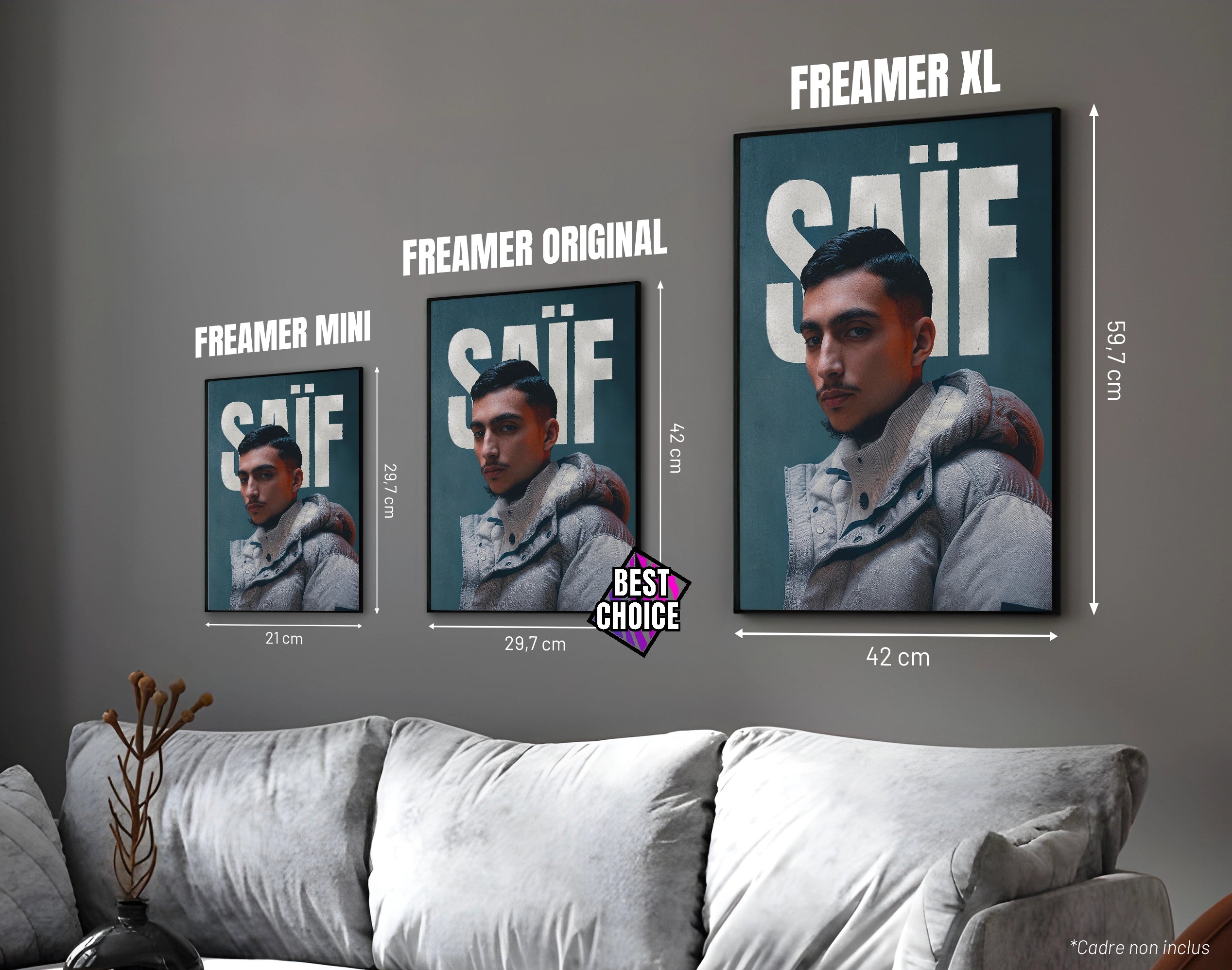 Posters "SAÏF" – ton bleu - formats A4, A3 et A2 dans cadres, comparaison des tailles avec dimensions
