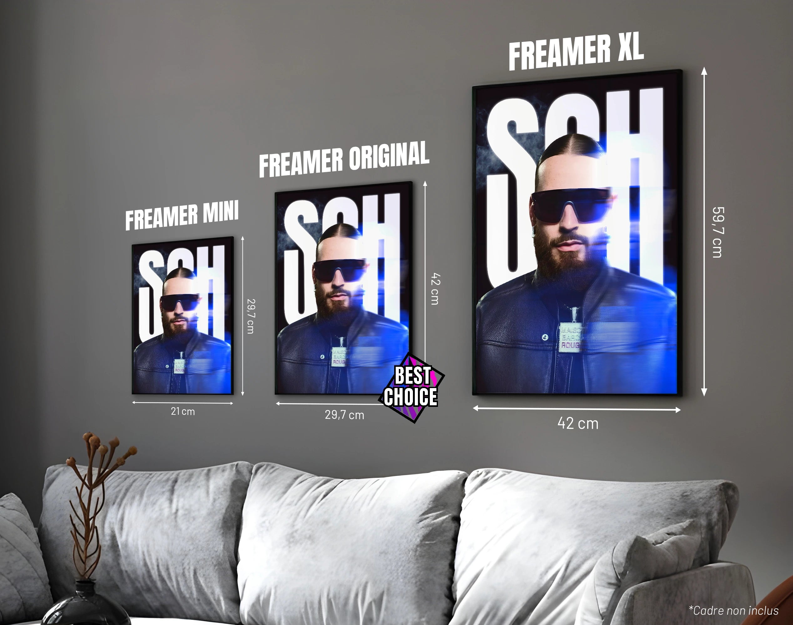 Posters "SCH" - ton bleu - formats A4, A3 et A2 dans cadres, comparaison des tailles avec dimensions