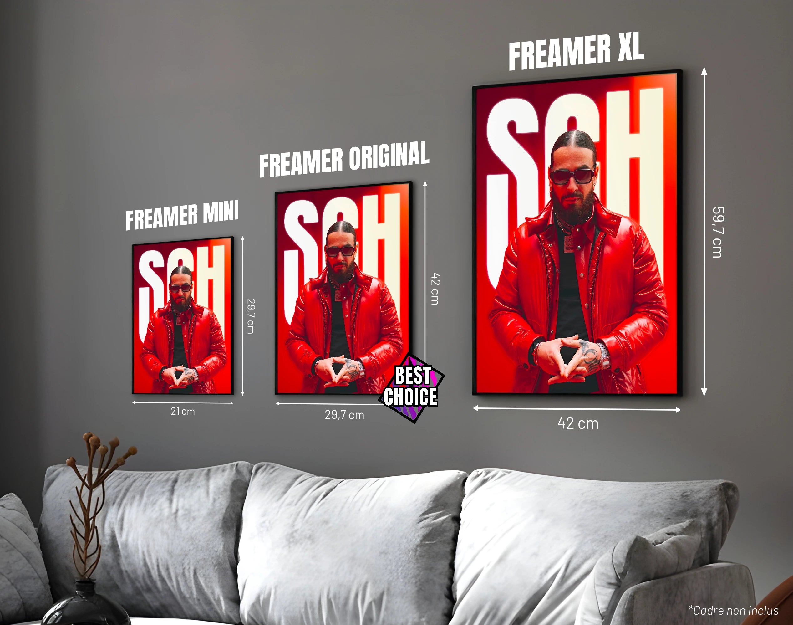 Posters "SCH" - ton rouge - formats A4, A3 et A2 dans cadres, comparaison des tailles avec dimensions