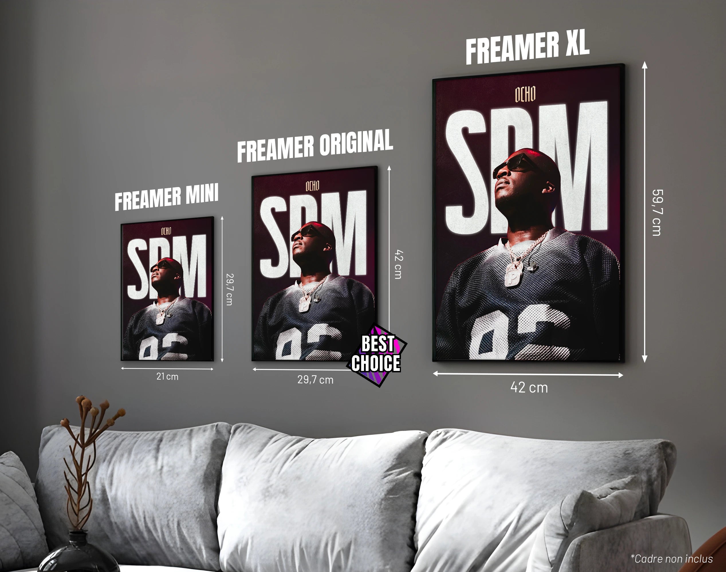 Posters "SDM" – ton noir, blanc et rouge - formats A4, A3 et A2 dans cadres, comparaison des tailles avec dimensions