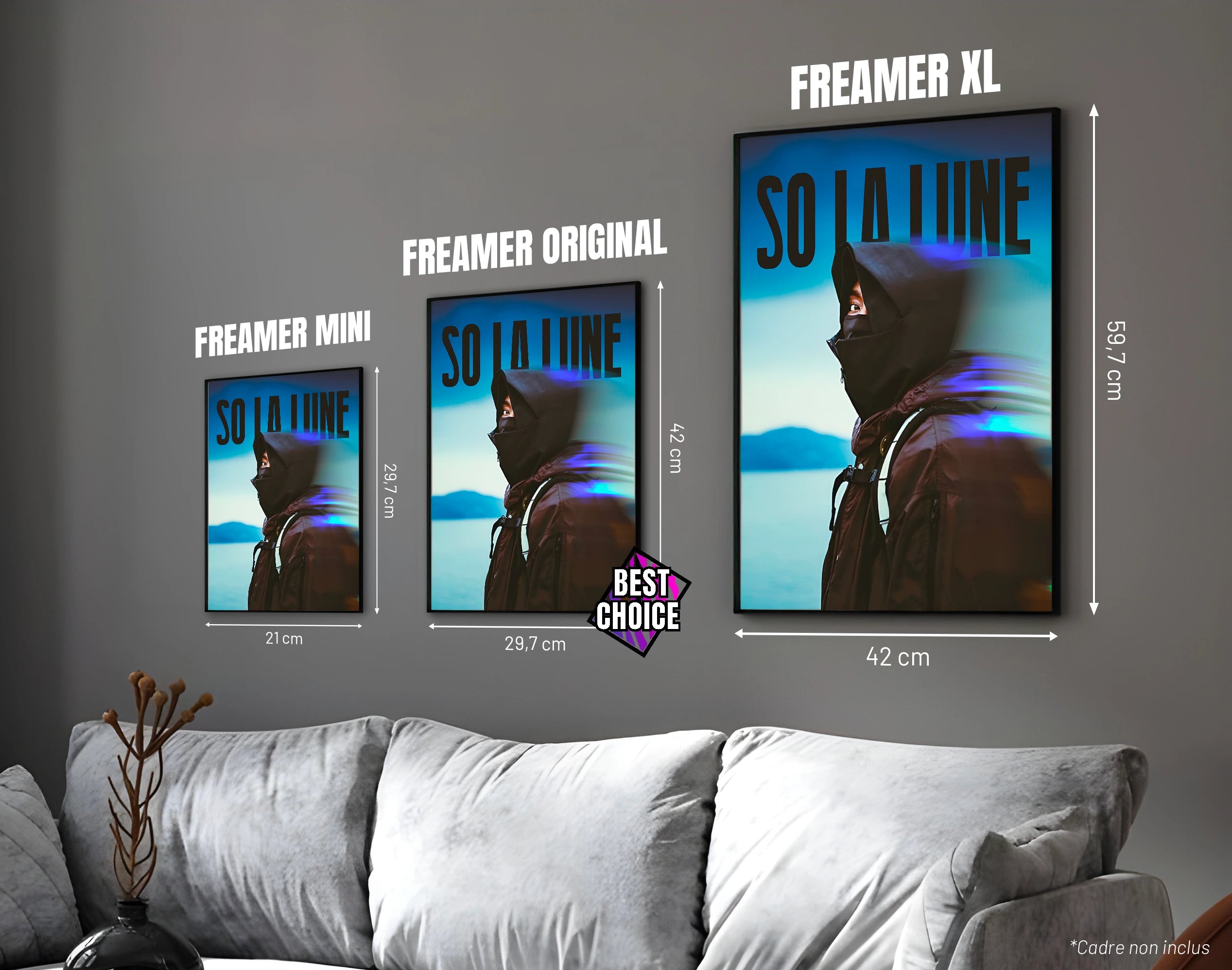 Posters "SO LA LUNE" – ton bleu - formats A4, A3 et A2 dans cadres, comparaison des tailles avec dimensions