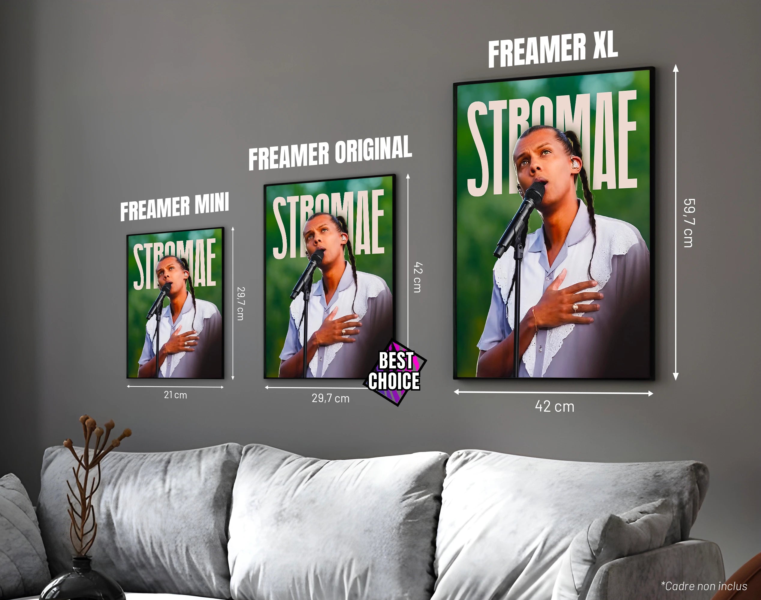 Posters "STROMAE" - ton vert - formats A4, A3 et A2 dans cadres, comparaison des tailles avec dimensions