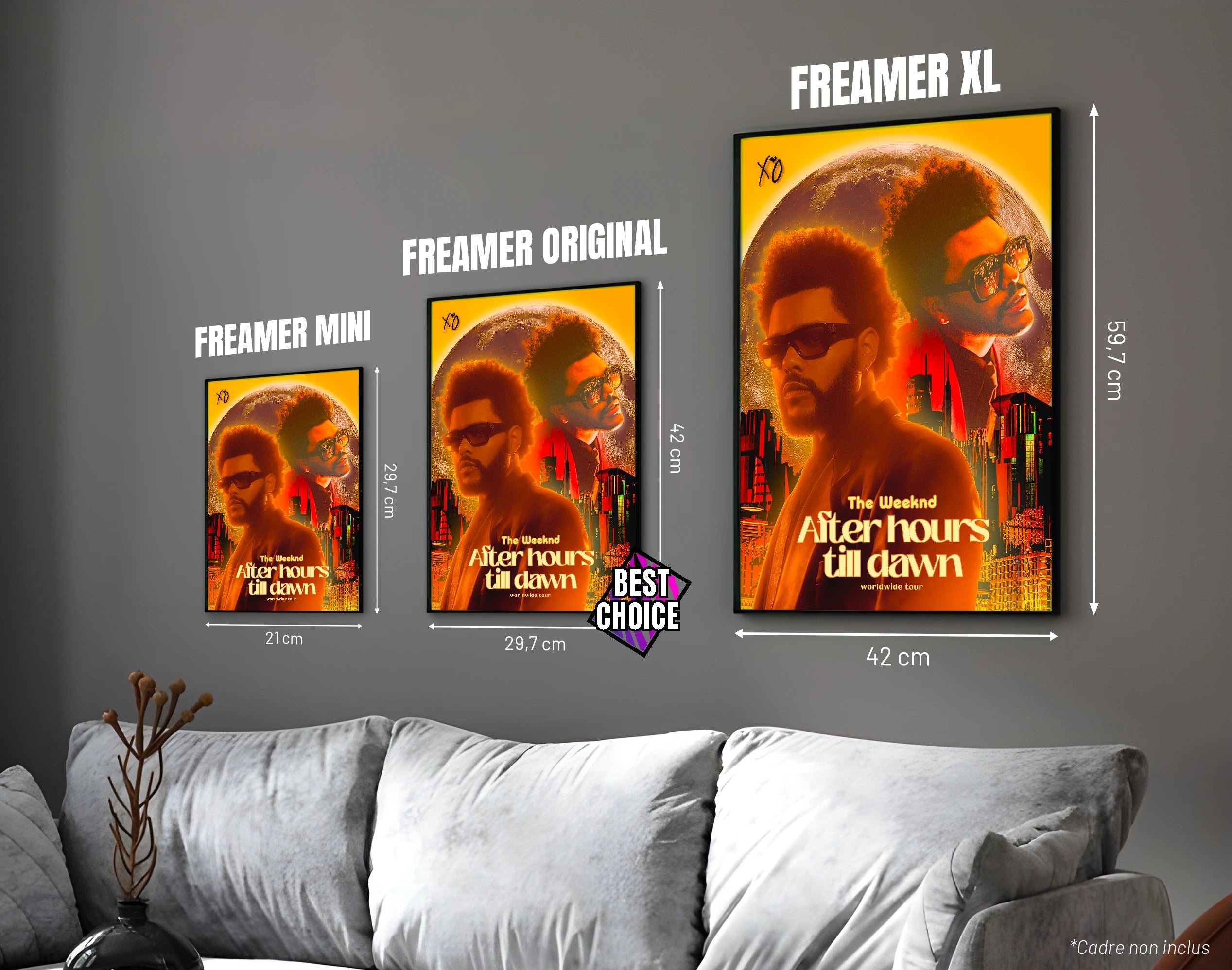Posters "THE WEEKND" – ton orange - formats A4, A3 et A2 dans cadres, comparaison des tailles avec dimensions