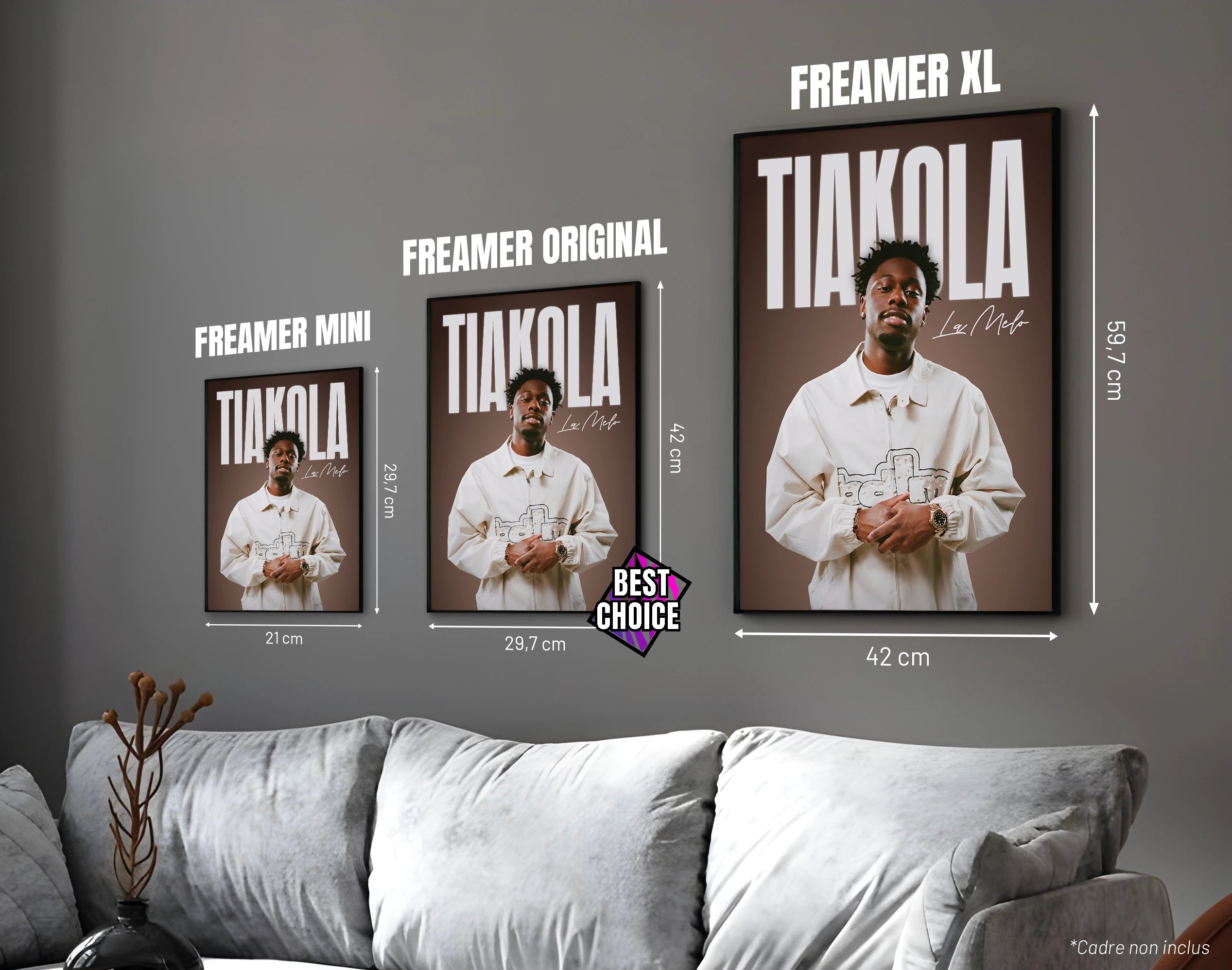 Posters "TIAKOLA" – ton marron - formats A4, A3 et A2 dans cadres, comparaison des tailles avec dimensions