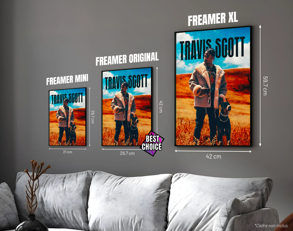 Posters "TRAVIS SCOTT" – ton orange - formats A4, A3 et A2 dans cadres, comparaison des tailles avec dimensions