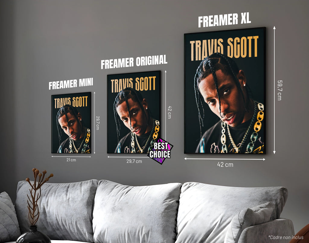 Posters "TRAVIS SCOTT" – ton noir - formats A4, A3 et A2 dans cadres, comparaison des tailles avec dimensions