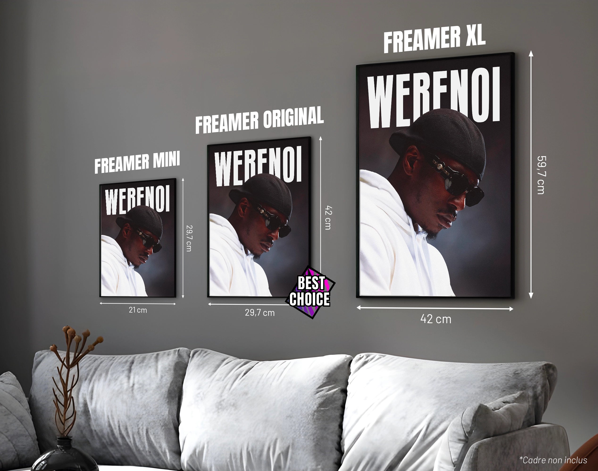 Posters "WERENOI" – ton noir - formats A4, A3 et A2 dans cadres, comparaison des tailles avec dimensions