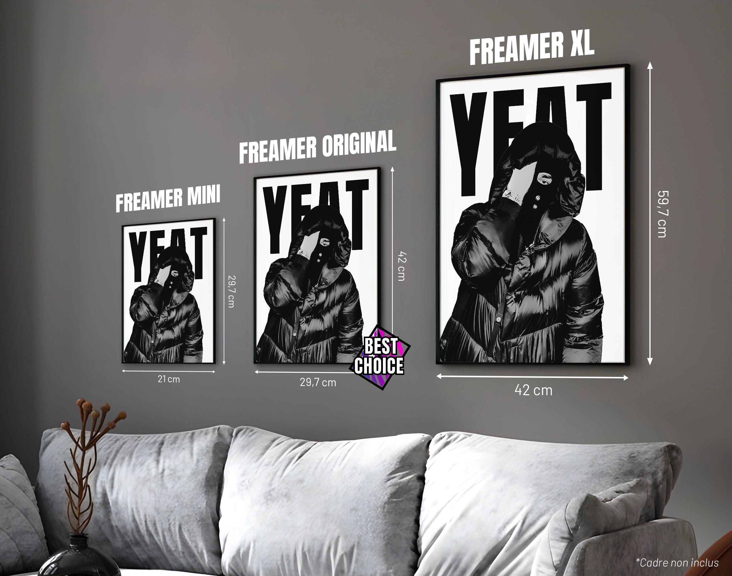 Posters "YEAT" – ton blanc - formats A4, A3 et A2 dans cadres, comparaison des tailles avec dimensions