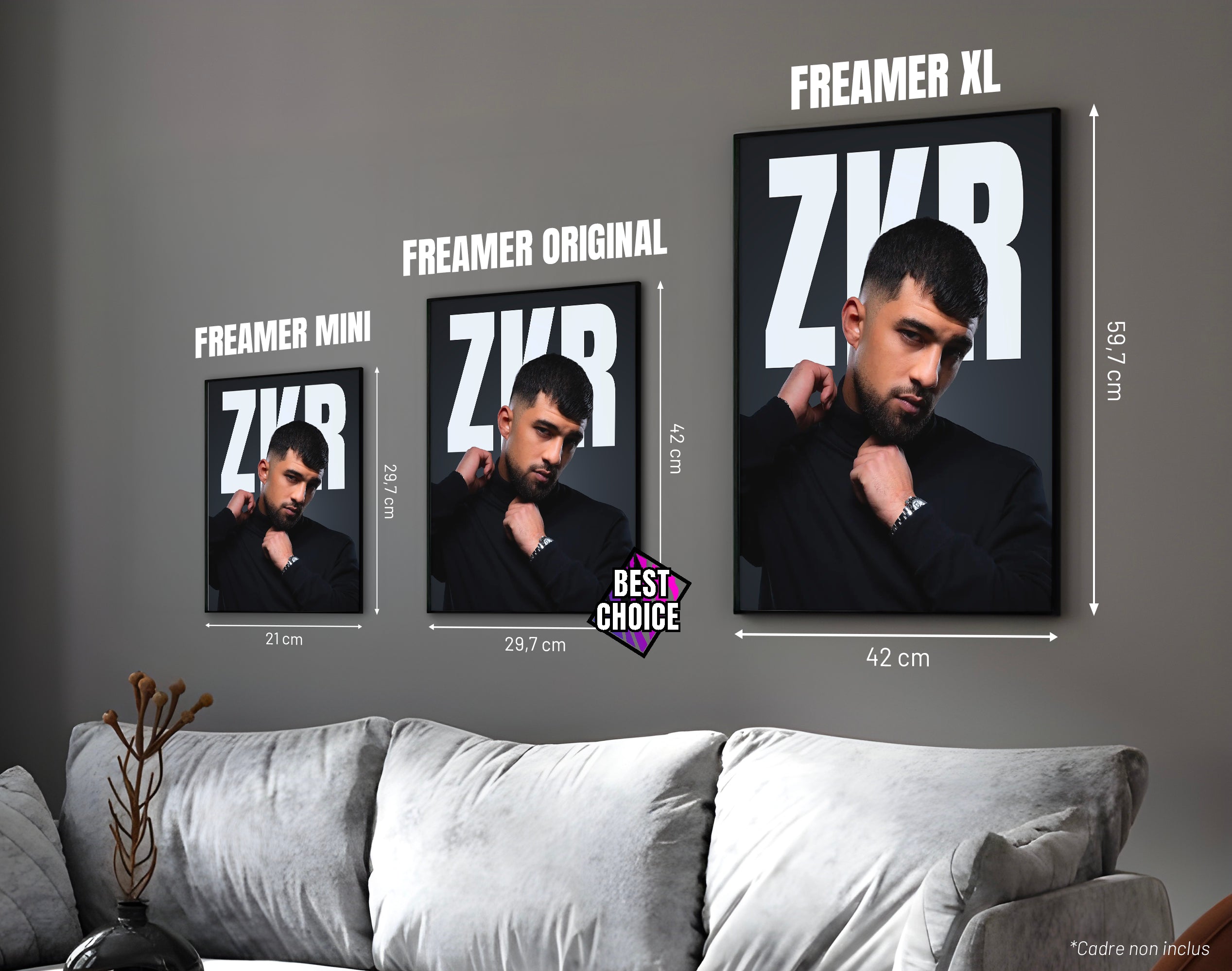 Posters "ZKR" – ton gris - formats A4, A3 et A2 dans cadres, comparaison des tailles avec dimensions
